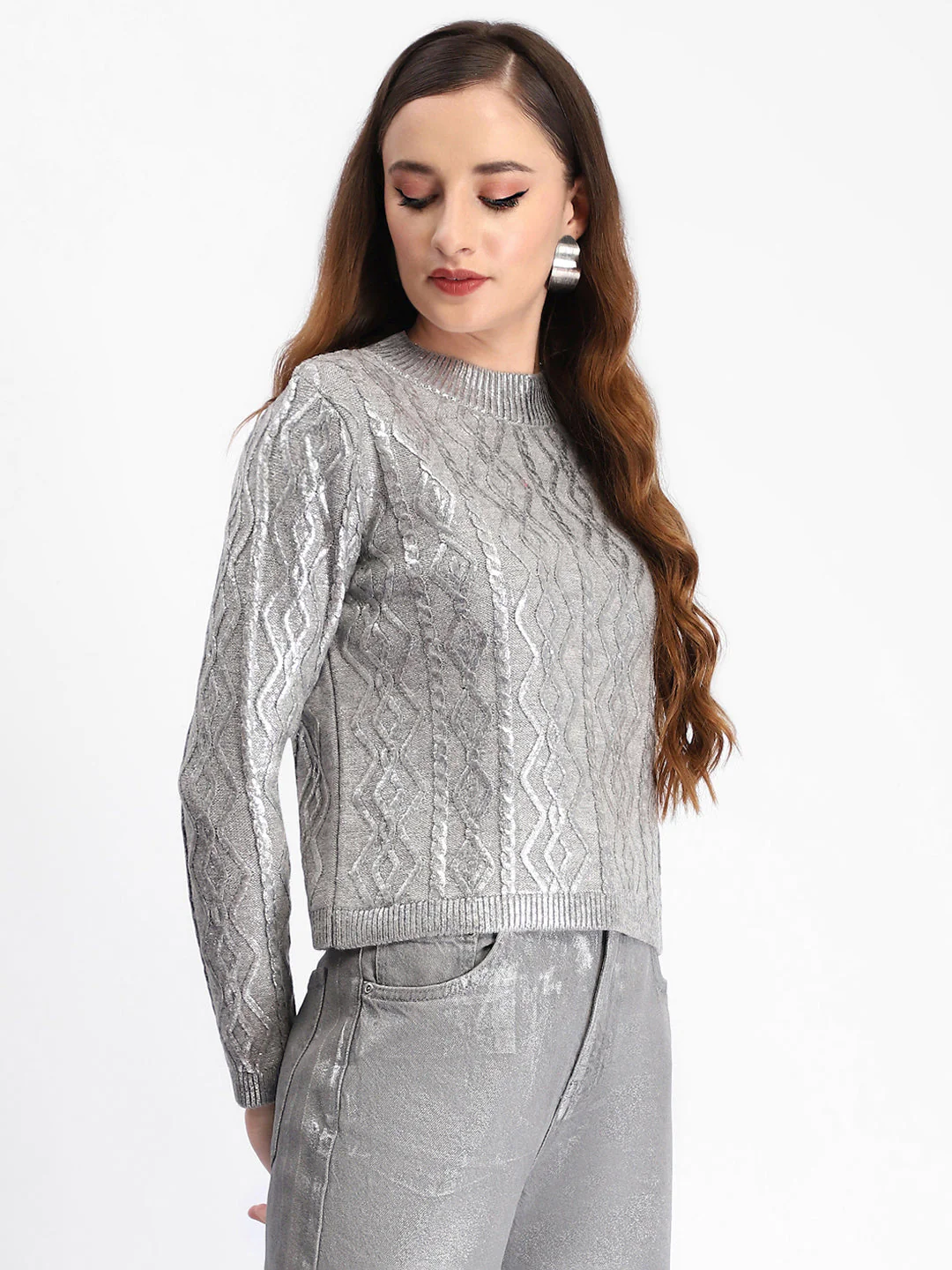 Madame Metallic Cable Knit Grey Sweater - Image 4