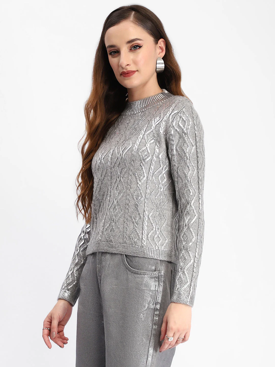 Madame Metallic Cable Knit Grey Sweater - Image 5