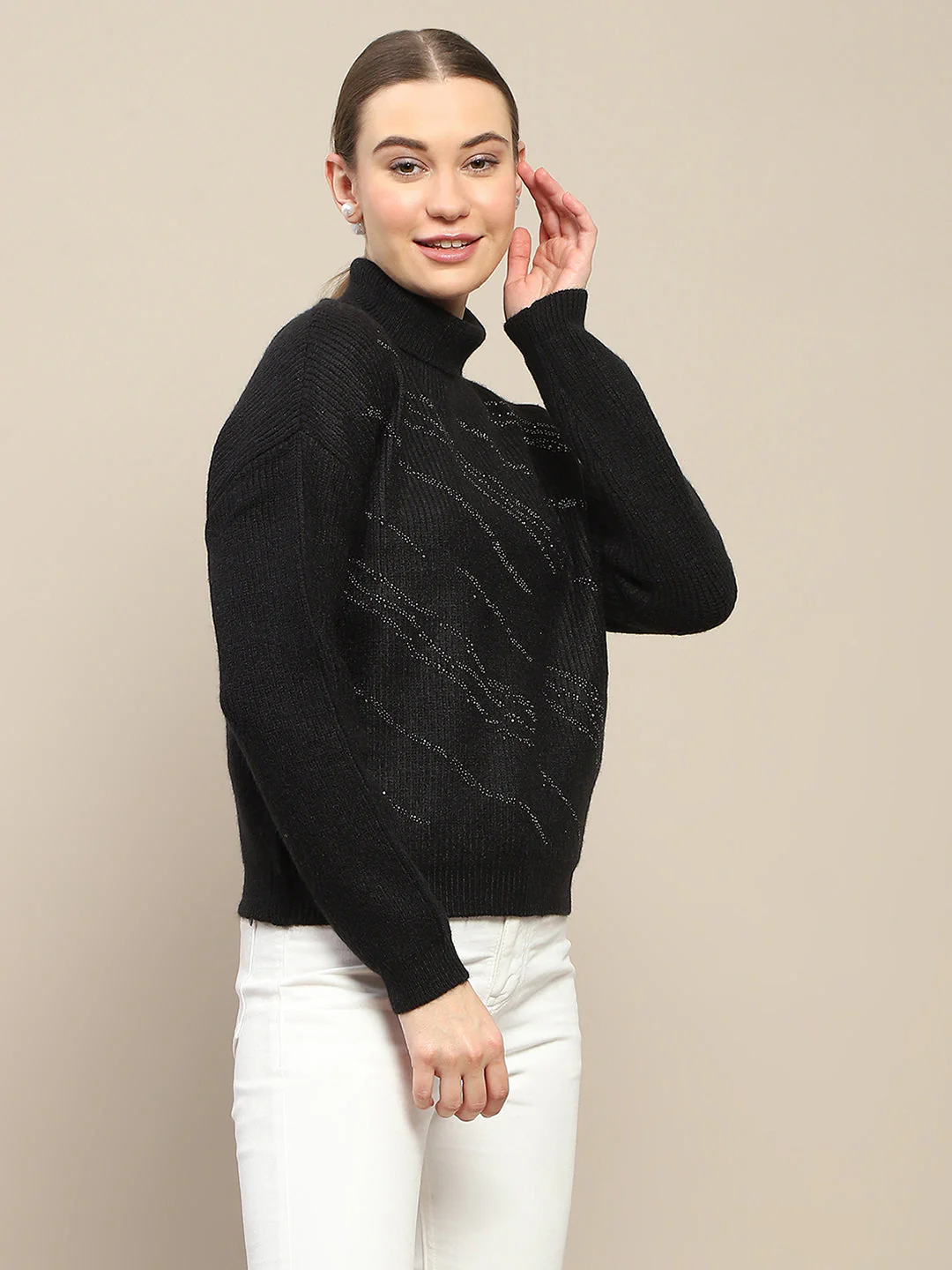 Madame Self Design Black Turtleneck Sweater - Image 5