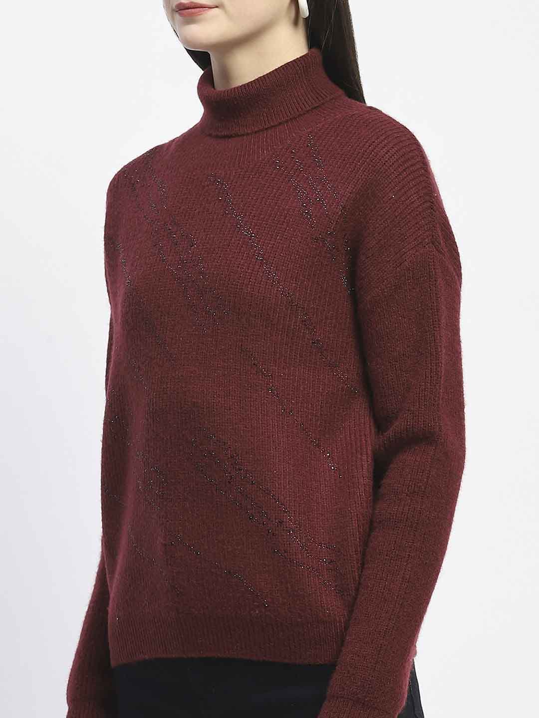 Madame Self Design Wine Red Turtleneck Sweater - Image 7