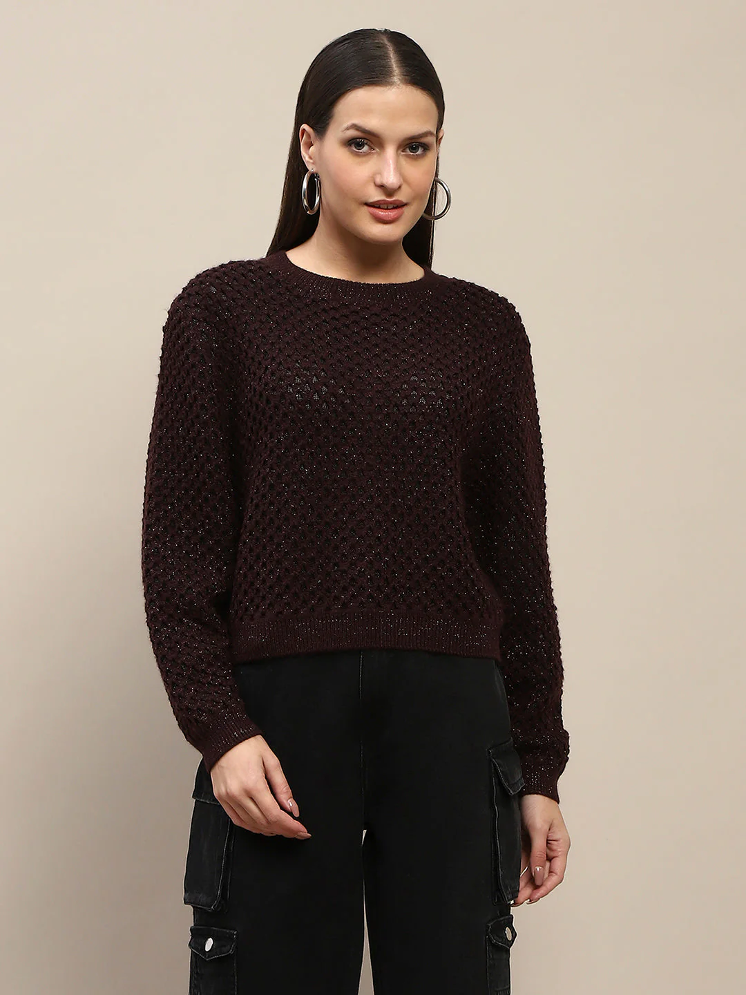 Madame Textured Solid Brown Full Sleeve Sweater - Image 3