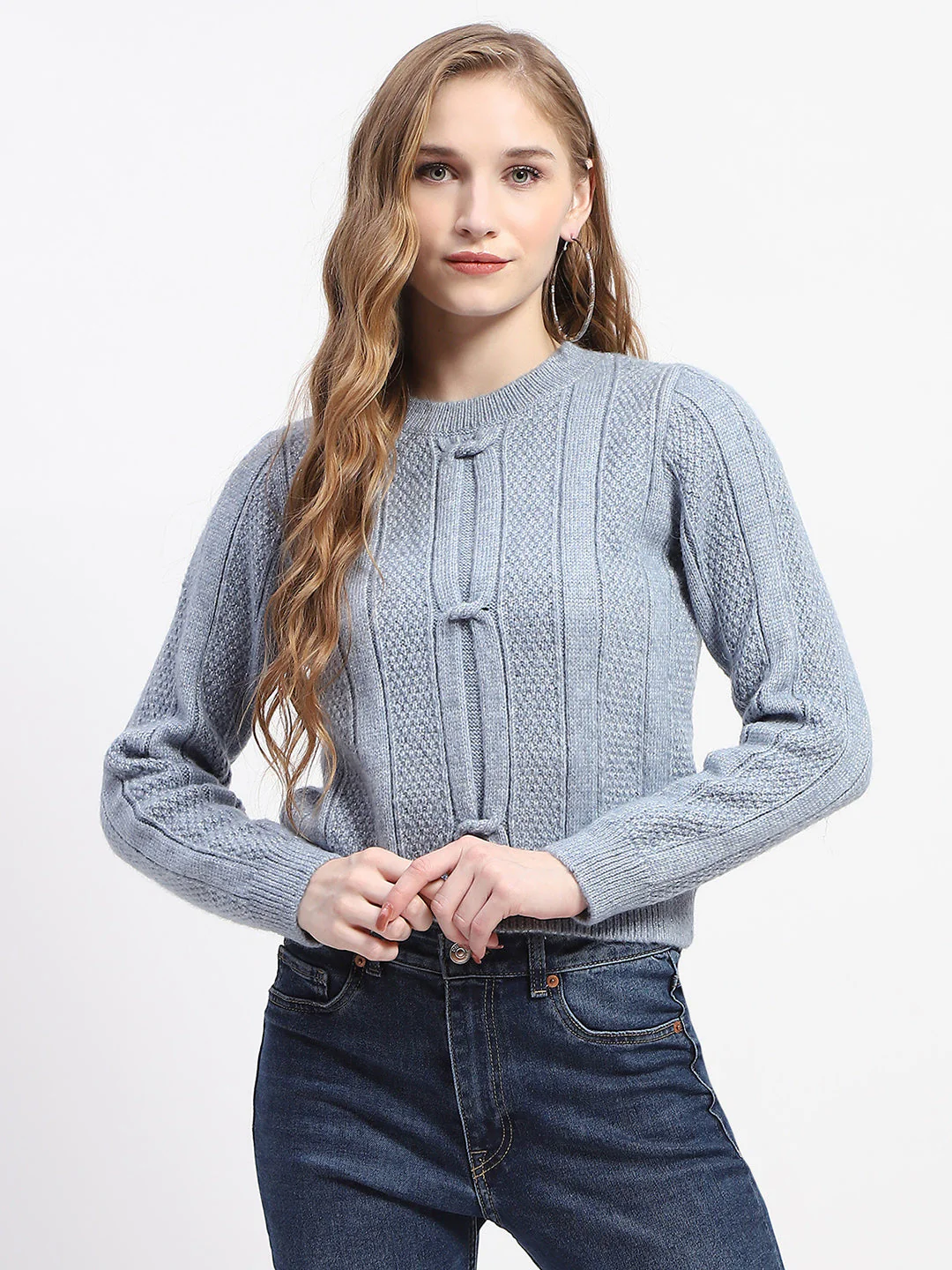 Madame Rib Neck Blue Knitted Sweater - Image 2