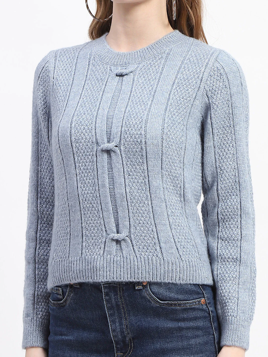 Madame Rib Neck Blue Knitted Sweater - Image 6