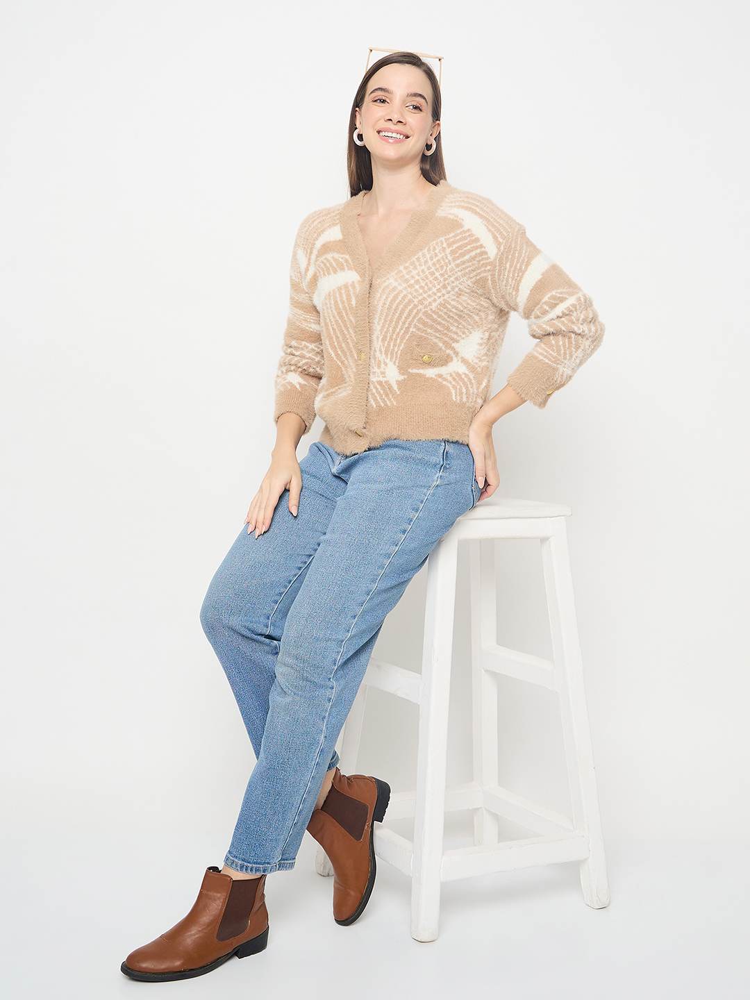 Madame Abstract Print Button Up Camel Brown Sweater - Image 2