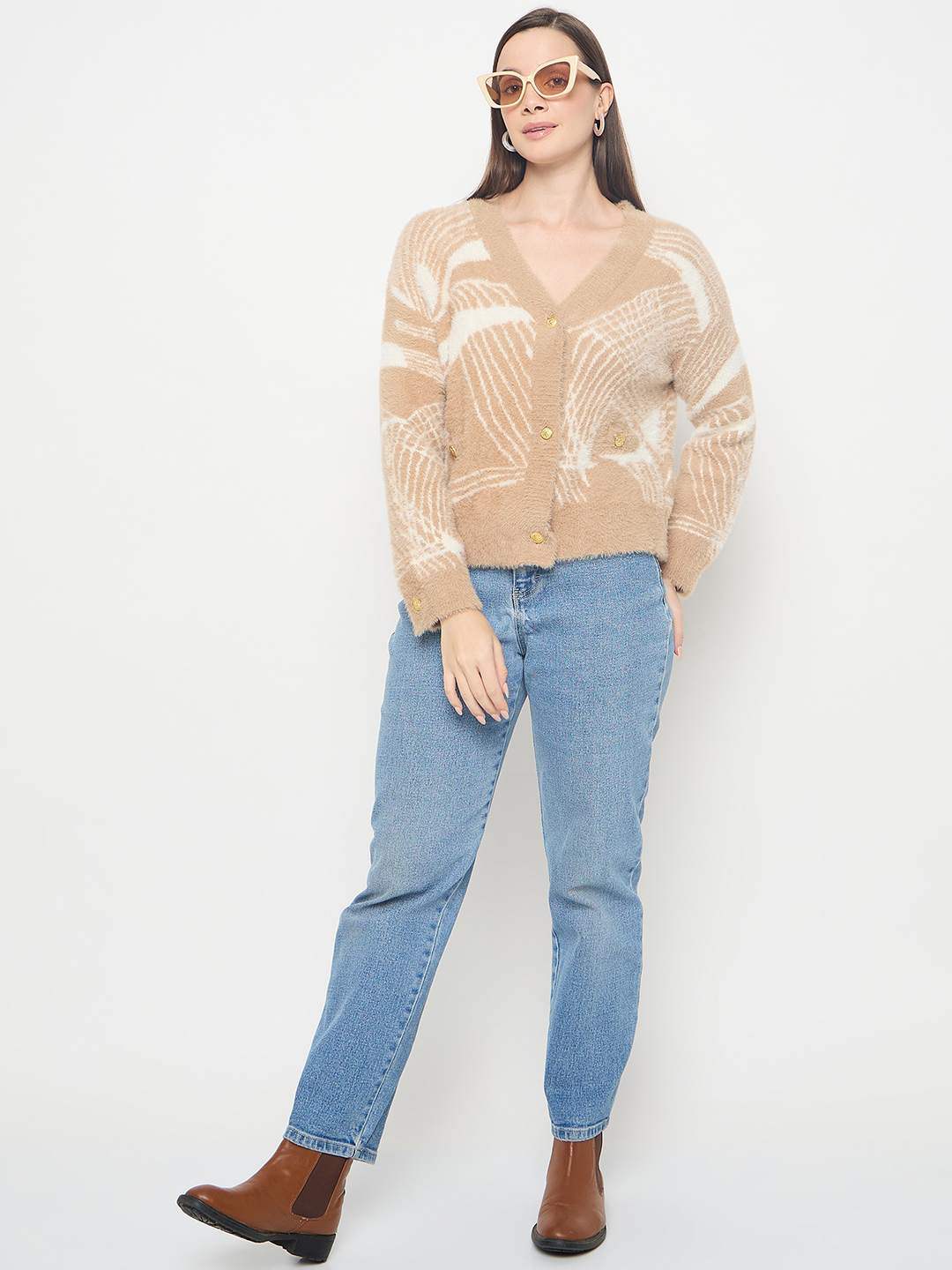 Madame Abstract Print Button Up Camel Brown Sweater - Image 3