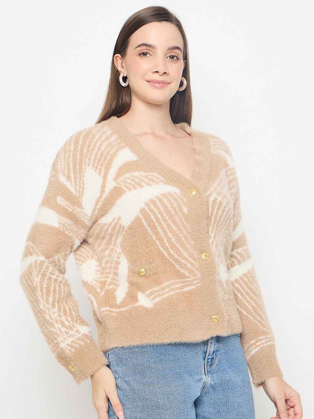 Madame Abstract Print Button Up Camel Brown Sweater - Image 4