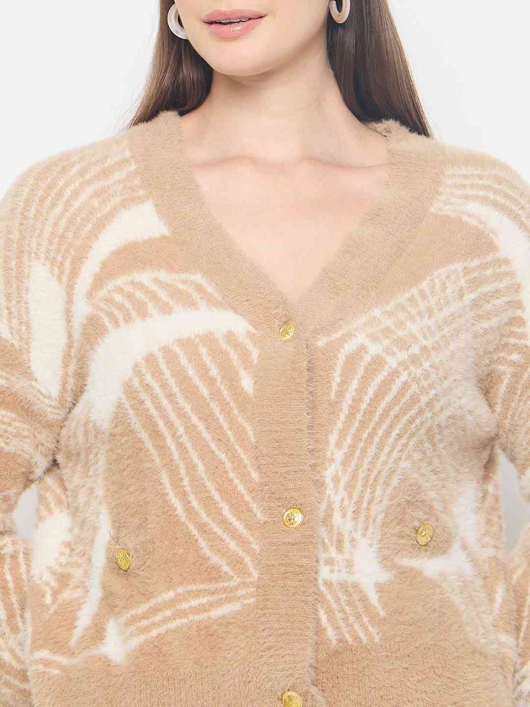 Madame Abstract Print Button Up Camel Brown Sweater - Image 7