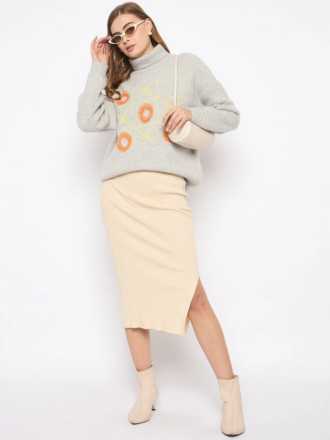 Madame Graphic Printed Turtleneck Grey Sweater - Image 2