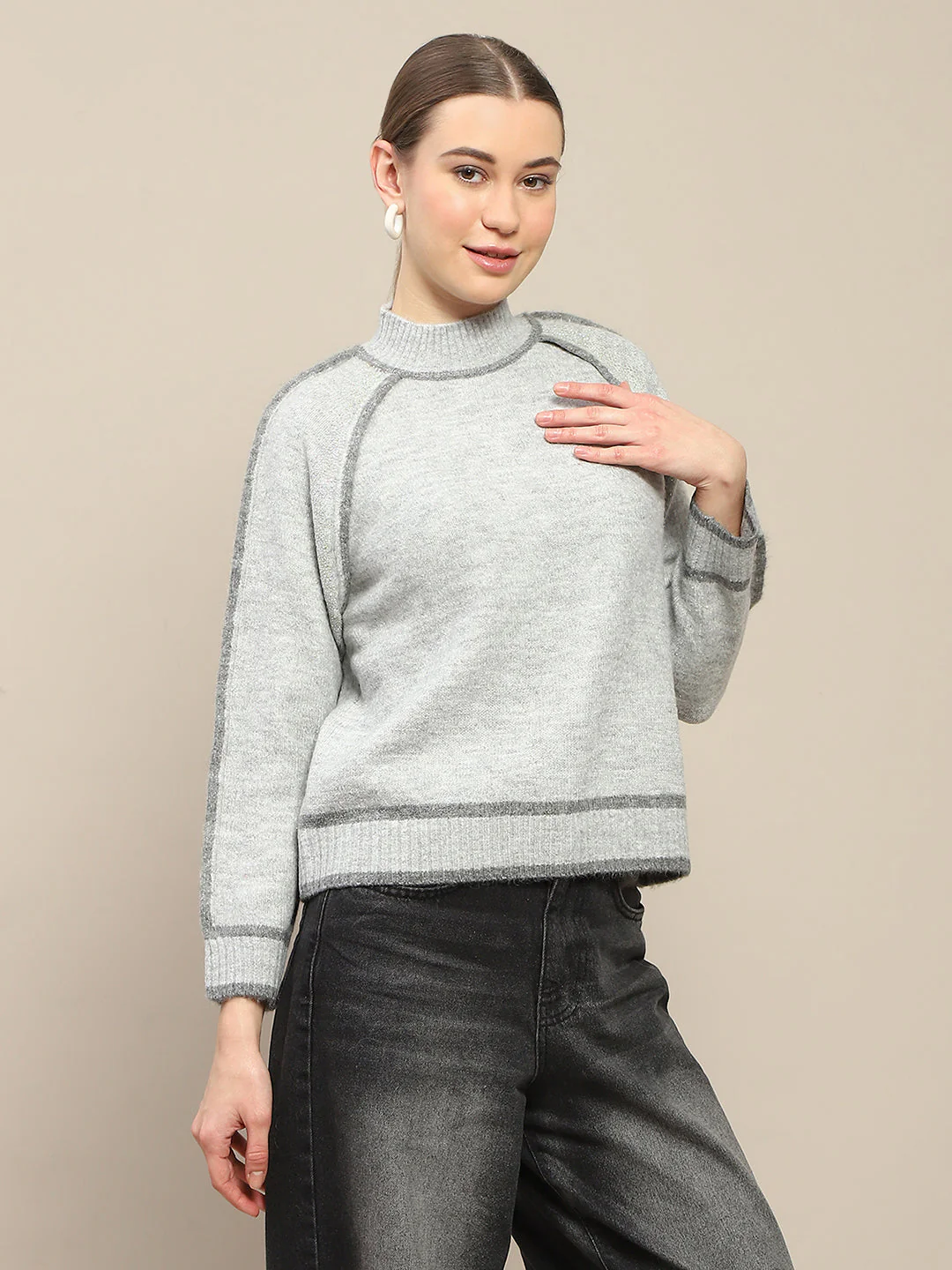 Madame Contrast Trimming Grey Sweater - Image 4