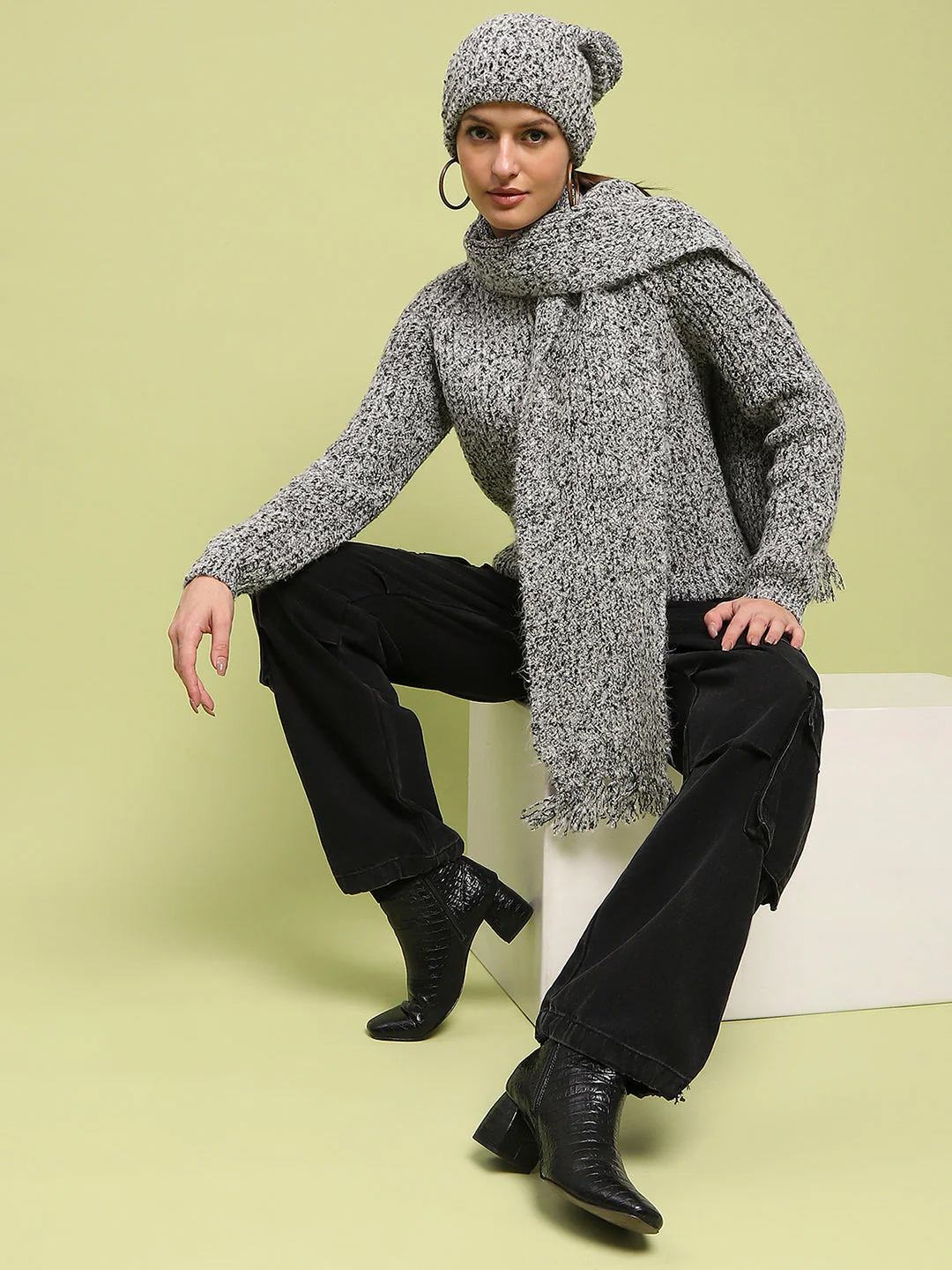Madame Self Design Regular Fit Grey Sweater - Image 2