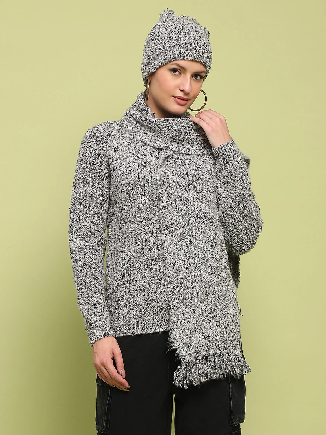 Madame Self Design Regular Fit Grey Sweater - Image 3