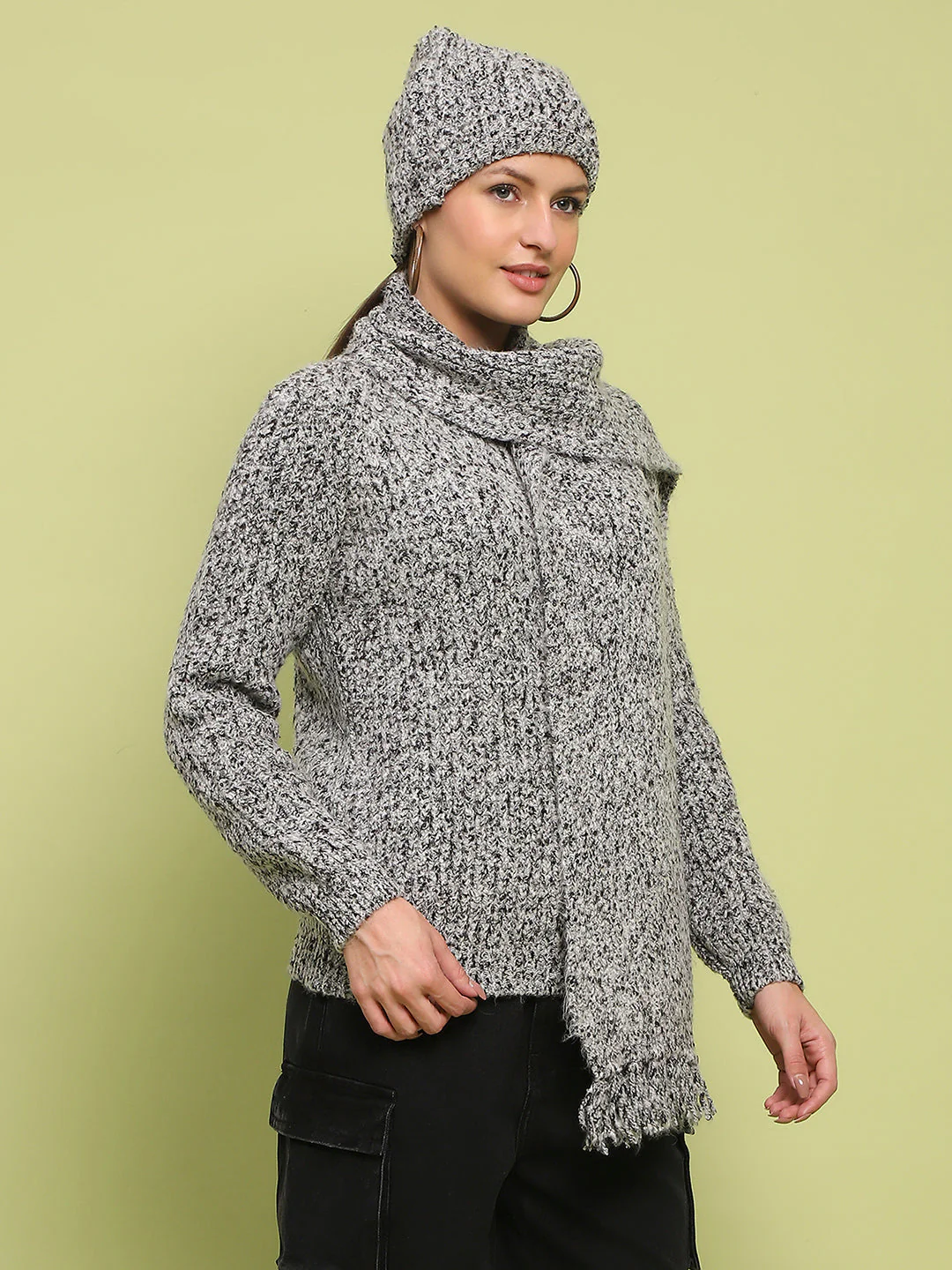 Madame Self Design Regular Fit Grey Sweater - Image 4