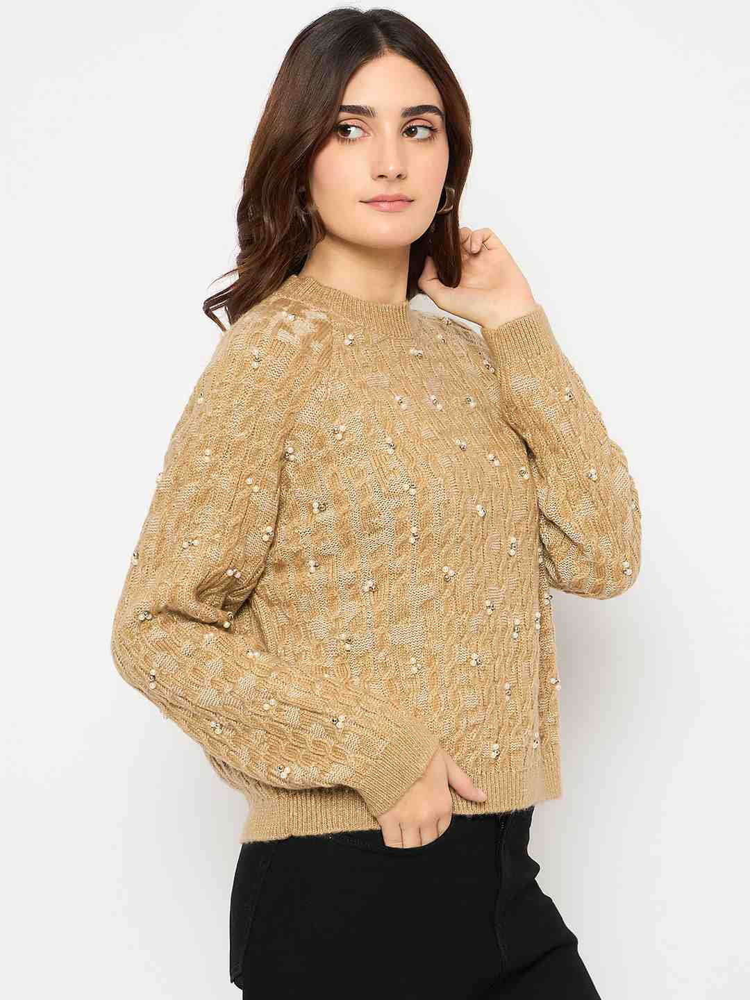 Madame Cable Knit Pearl Embellished Brown Sweater - Image 4