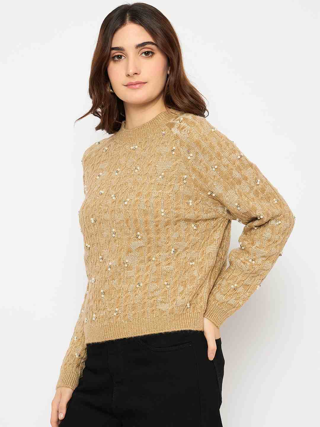 Madame Cable Knit Pearl Embellished Brown Sweater - Image 5