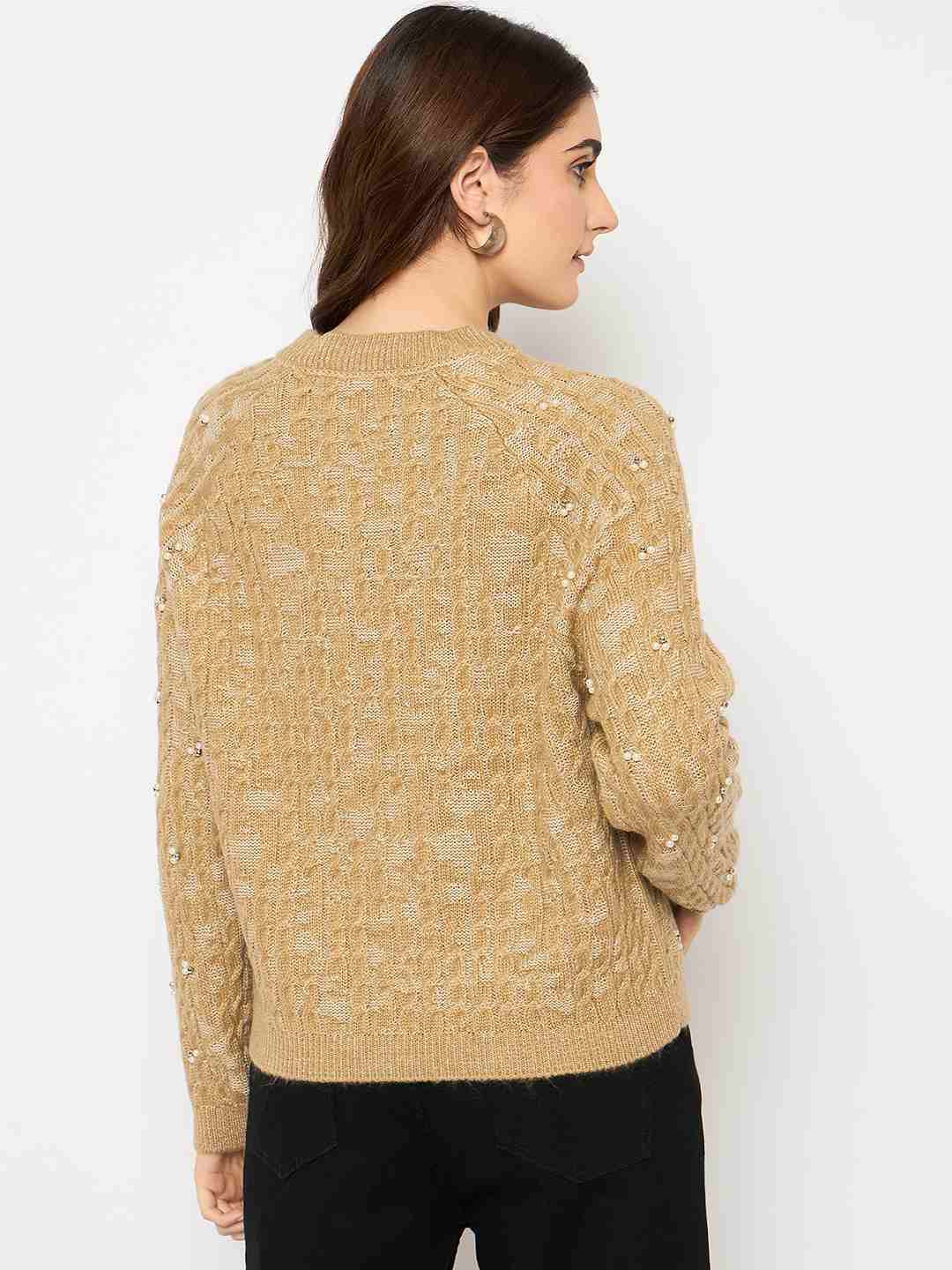 Madame Cable Knit Pearl Embellished Brown Sweater - Image 6