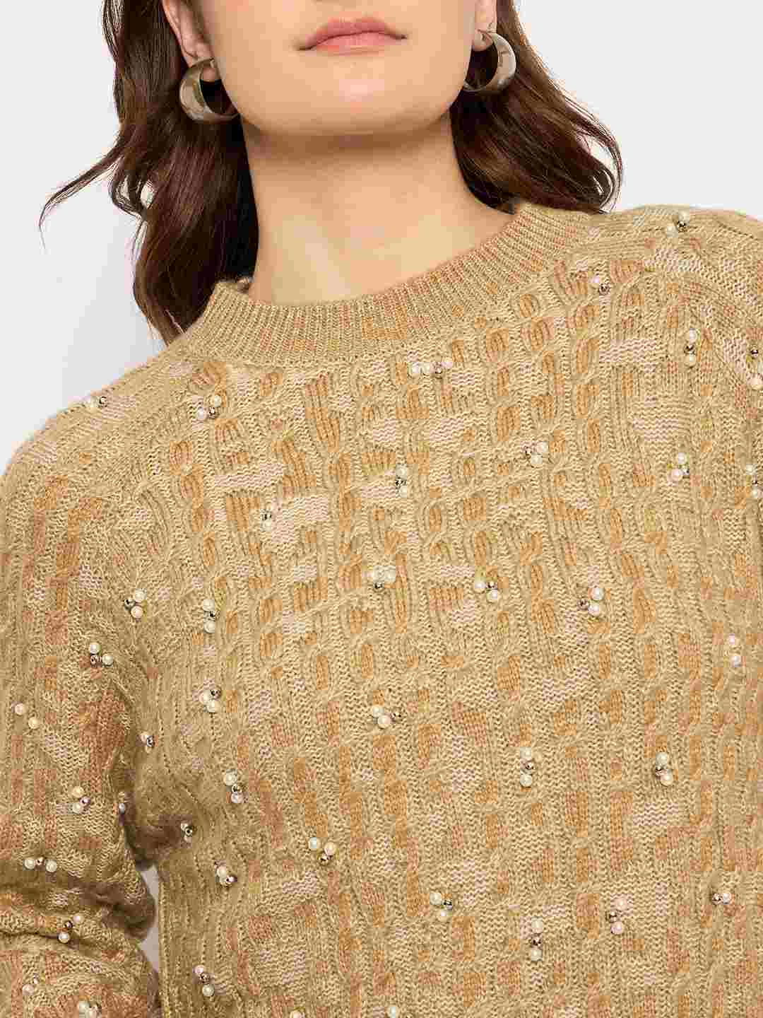 Madame Cable Knit Pearl Embellished Brown Sweater - Image 7