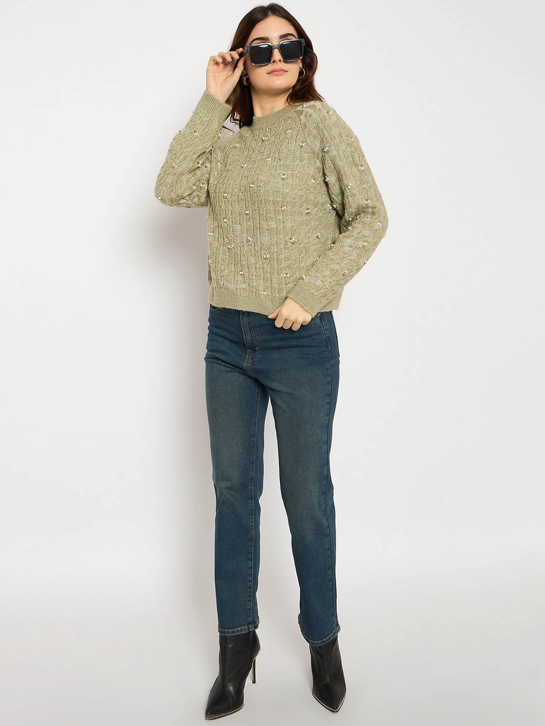 Madame Cable Knit Pearl Embellished Green Sweater - Image 2