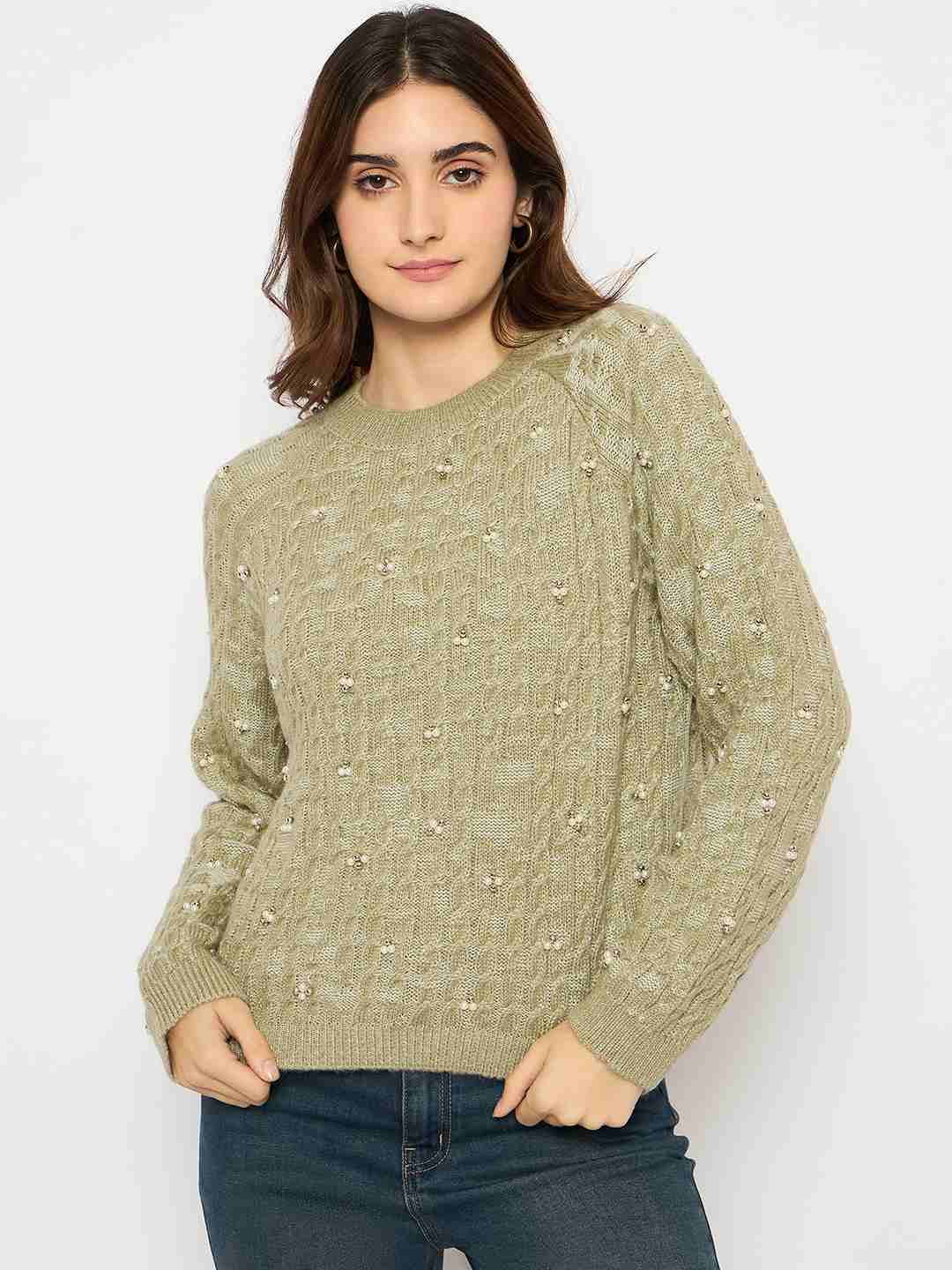 Madame Cable Knit Pearl Embellished Green Sweater - Image 3
