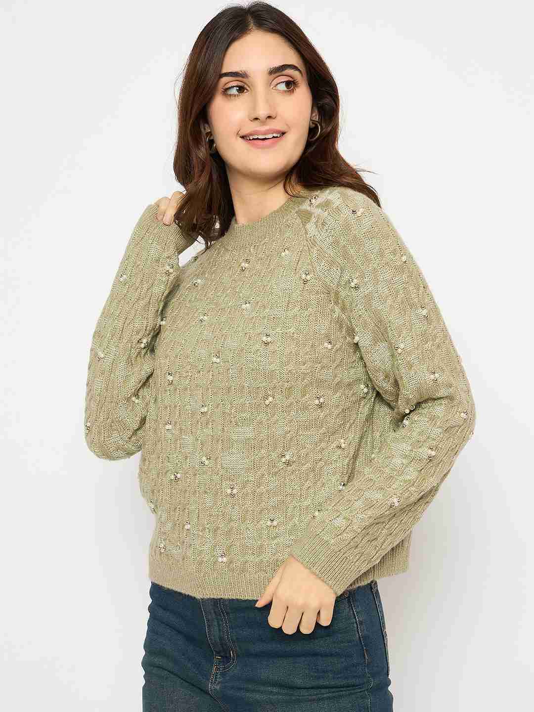 Madame Cable Knit Pearl Embellished Green Sweater - Image 5