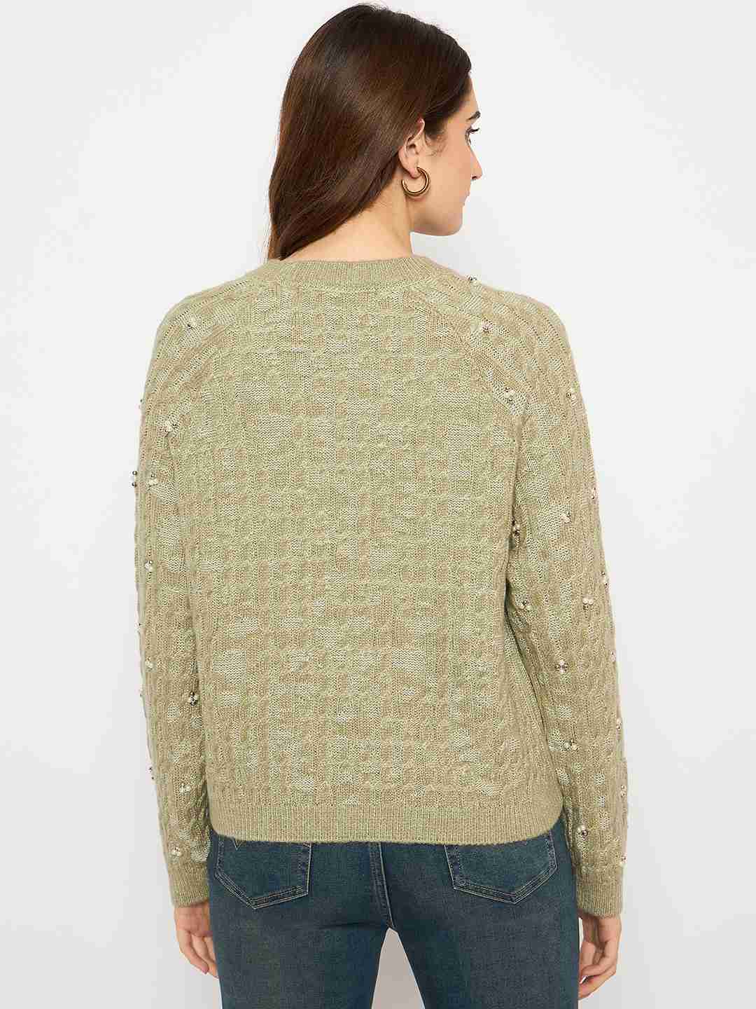 Madame Cable Knit Pearl Embellished Green Sweater - Image 6