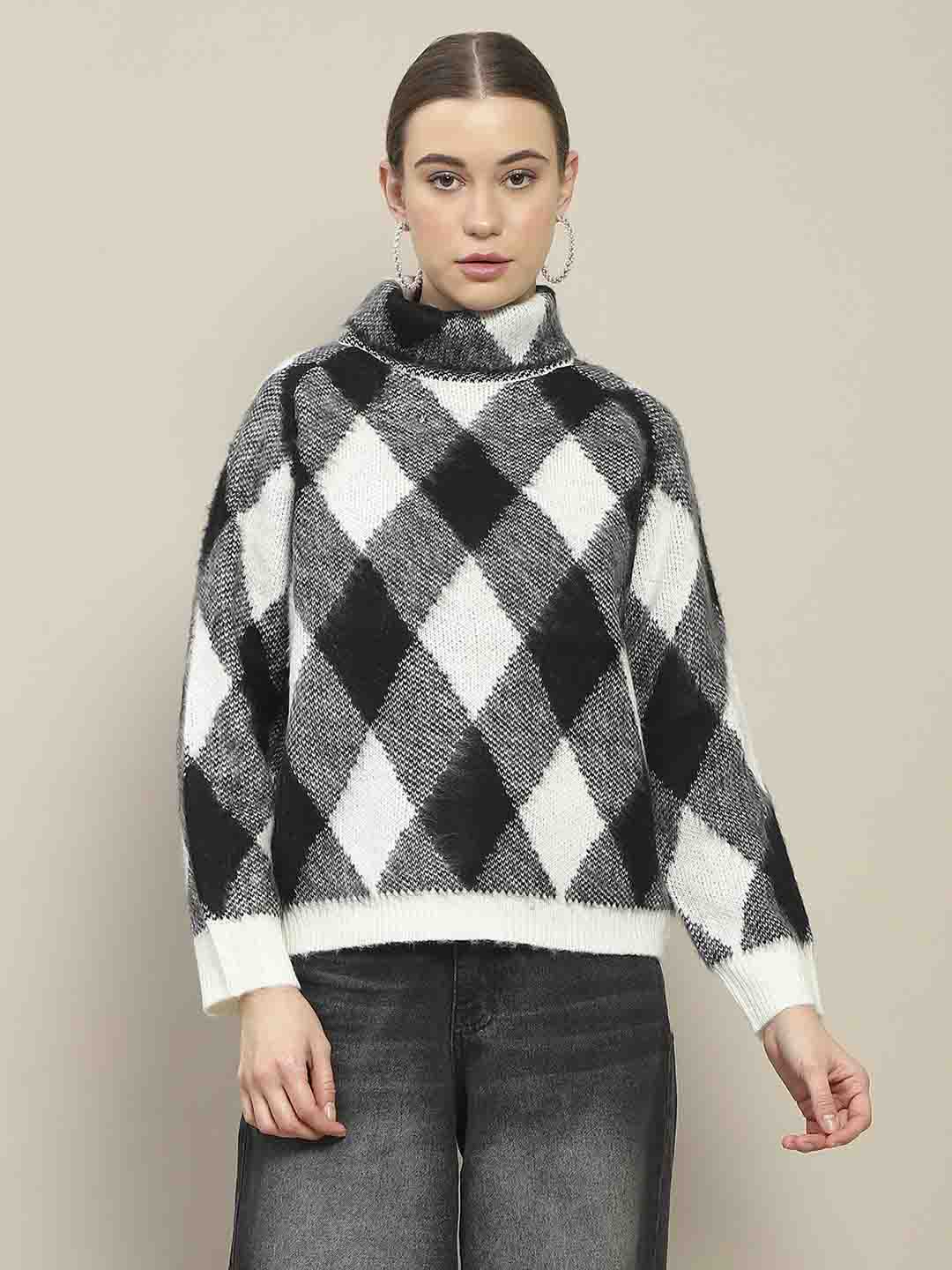 Madame Geometric Print Turtleneck Black Sweater - Image 3