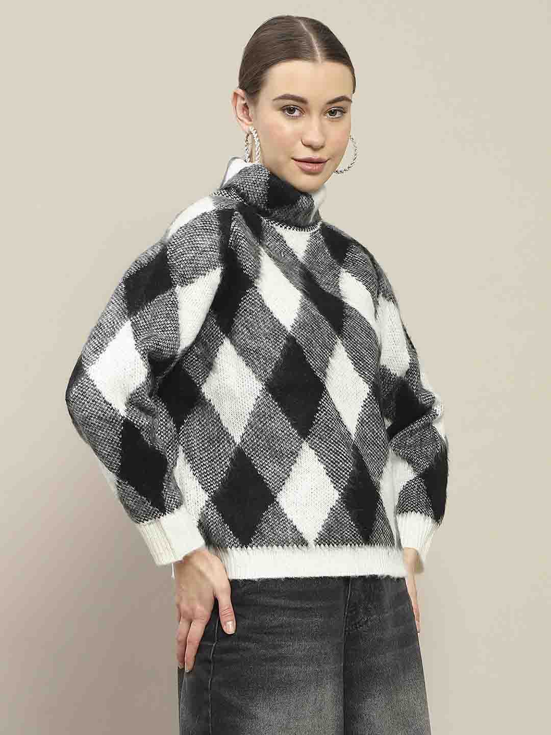 Madame Geometric Print Turtleneck Black Sweater - Image 4