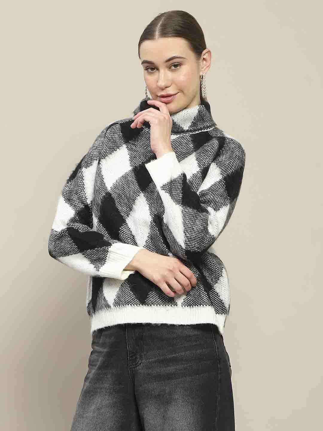 Madame Geometric Print Turtleneck Black Sweater - Image 5