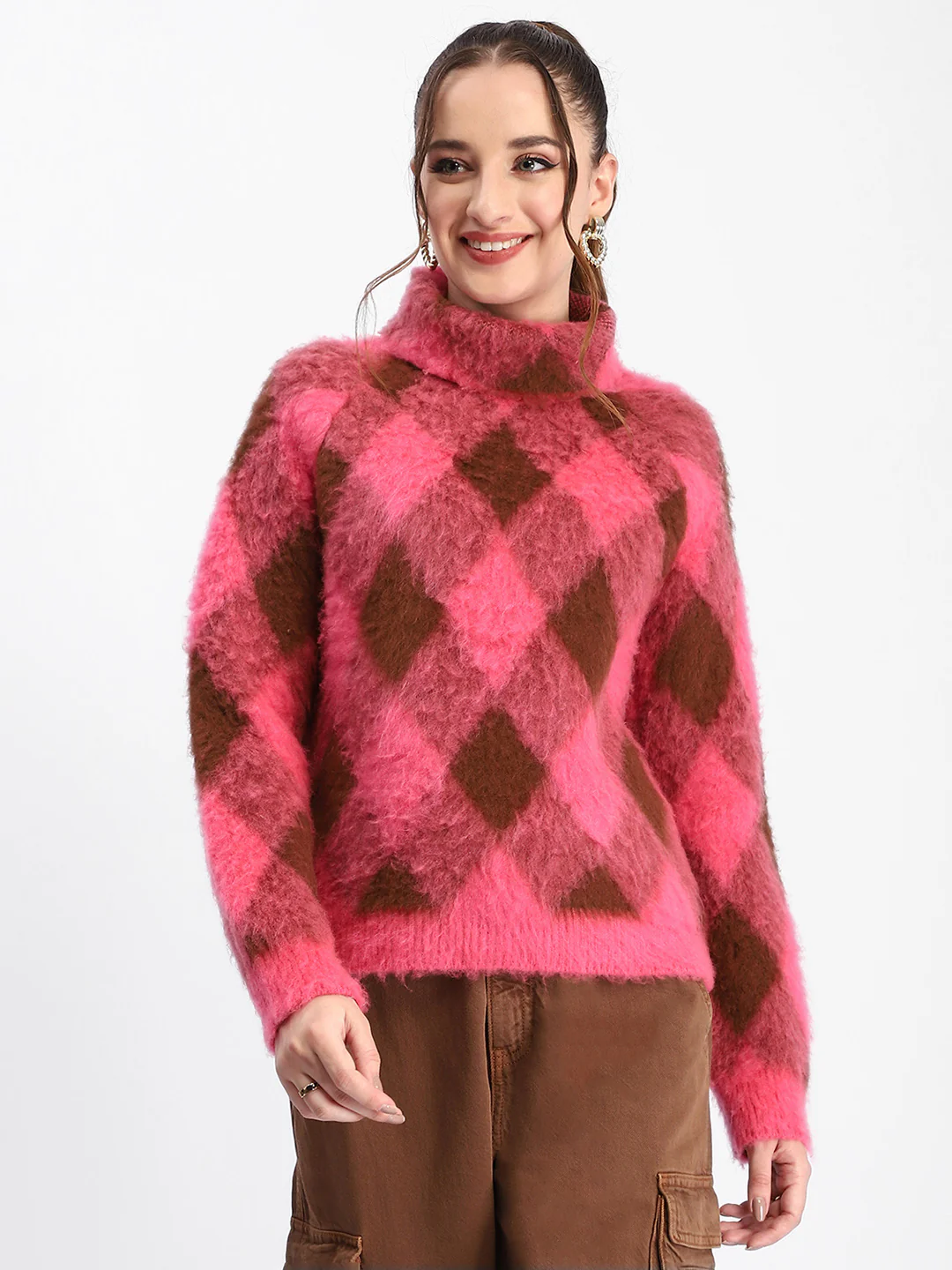 Madame Geometric Print Turtleneck Pink Sweater - Image 3