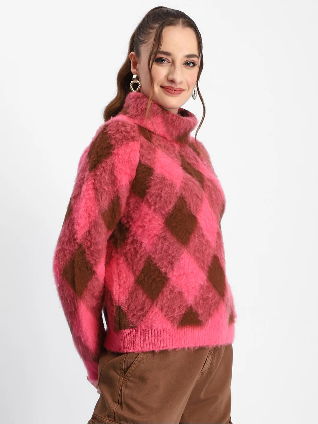 Madame Geometric Print Turtleneck Pink Sweater - Image 4