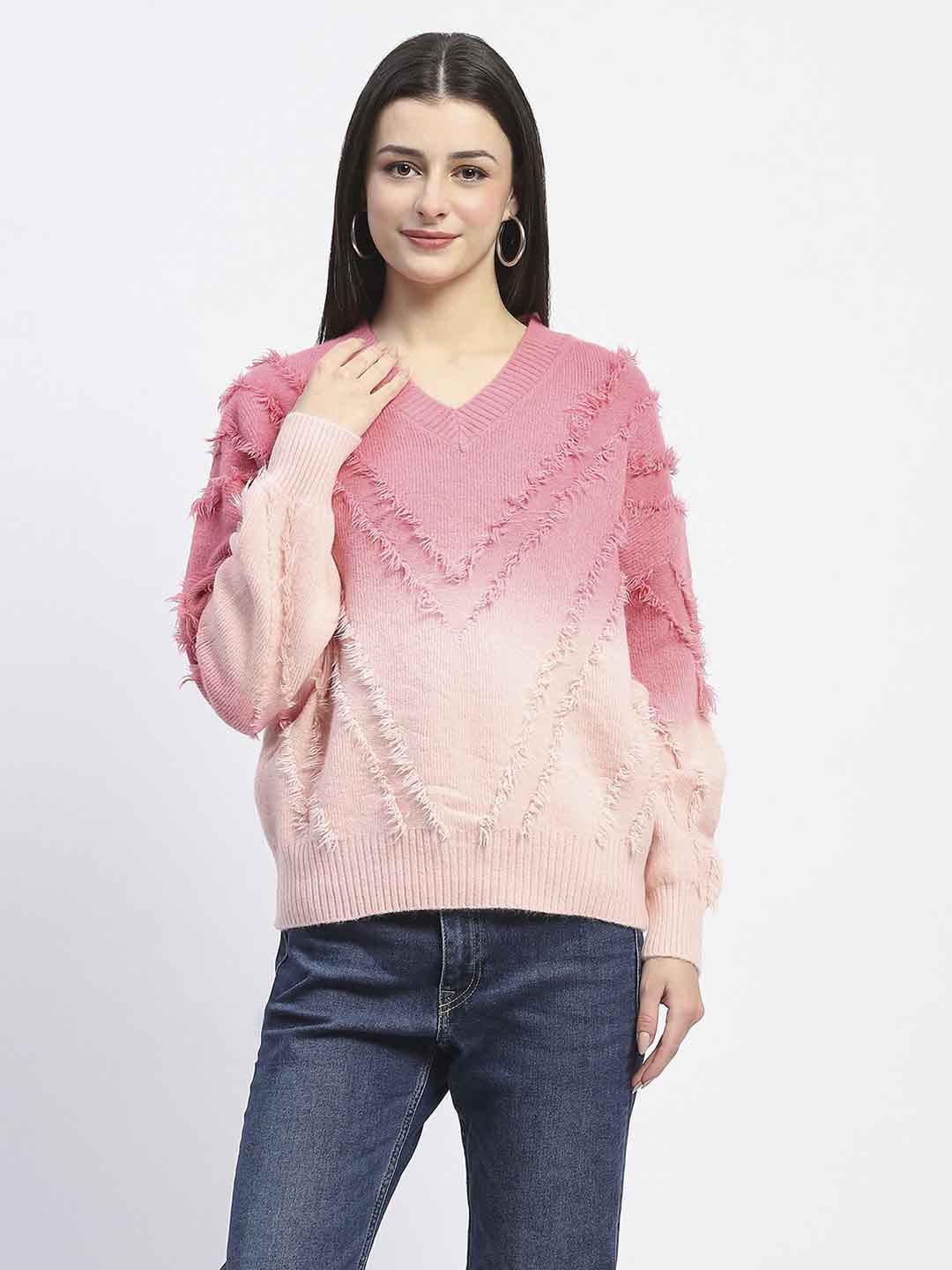 Madame Ombre Print Textured V Neck Pink Sweater - Image 2