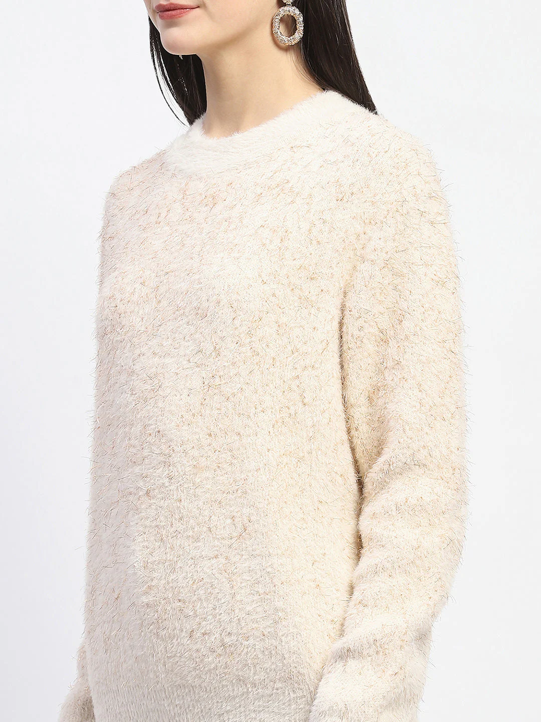 Madame Nylon Blend Full Sleeve Solid Beige Sweater - Image 6