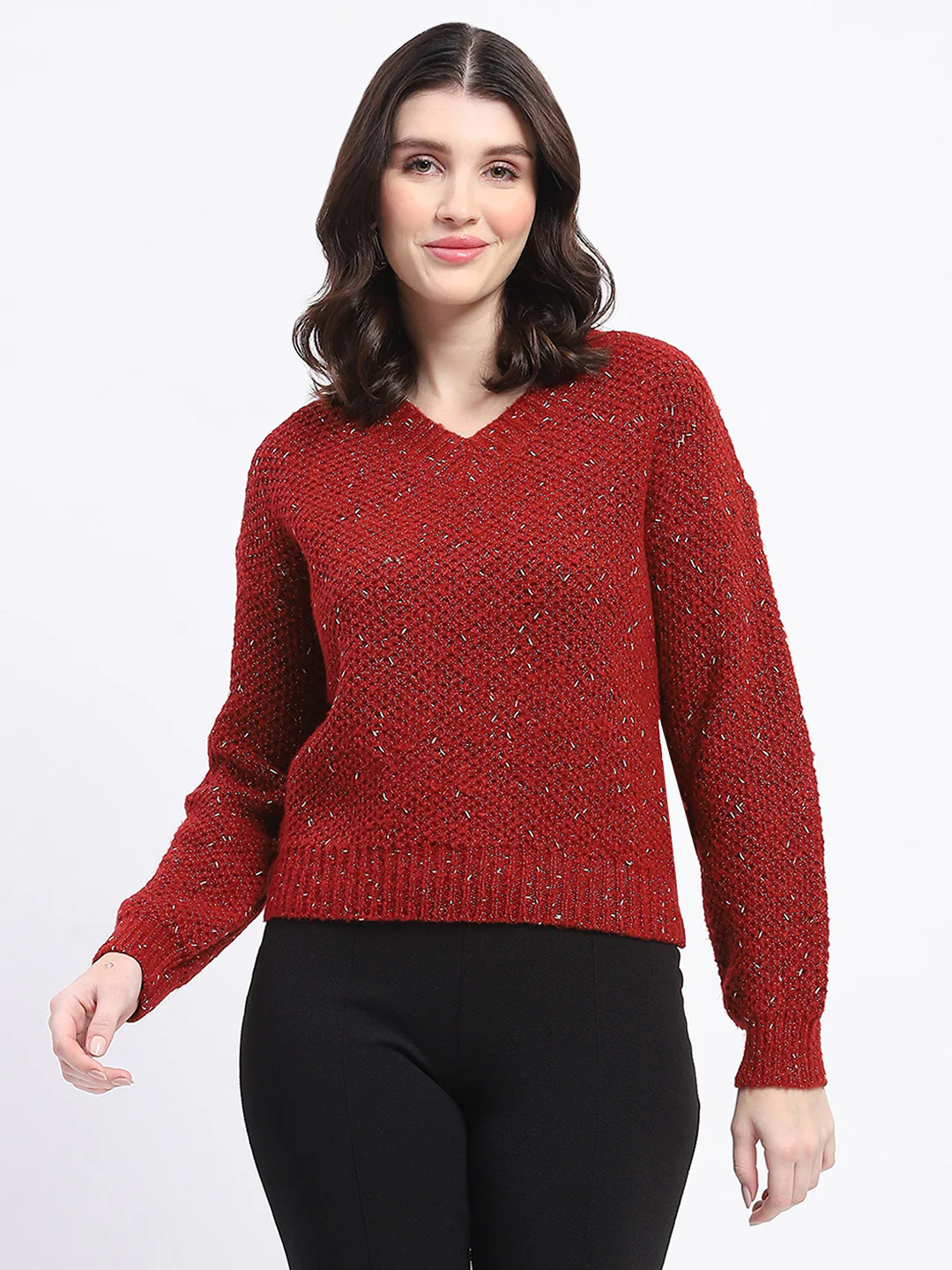 Madame Shimmery V Neck Relaxed Fit Wine Sweater