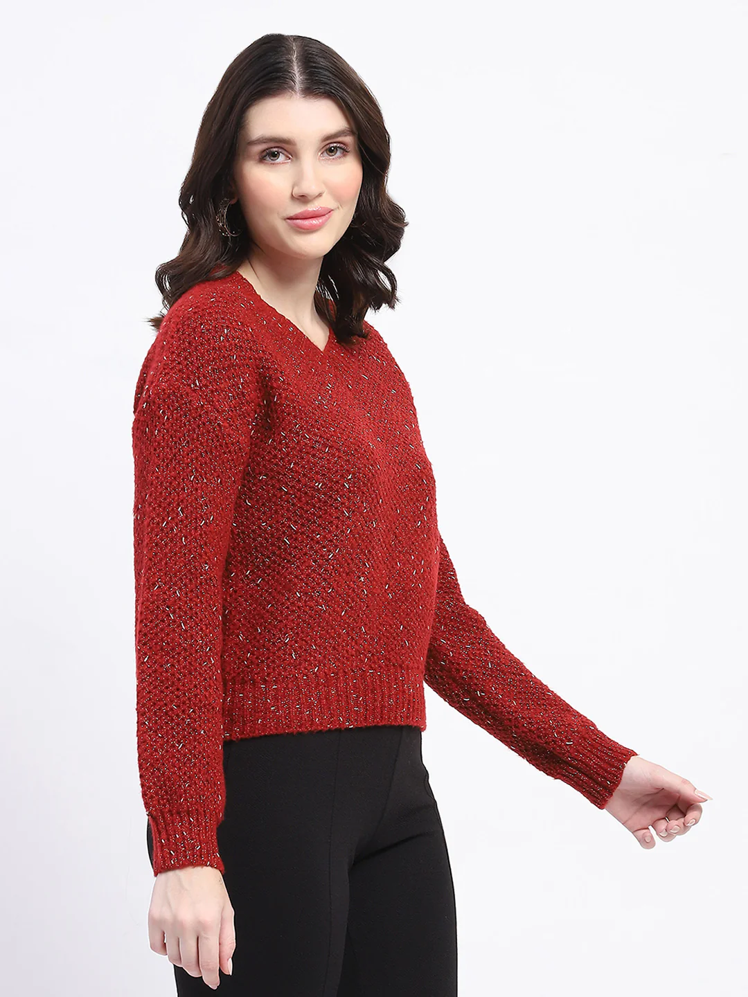 Madame Shimmery V Neck Relaxed Fit Wine Sweater - Image 3
