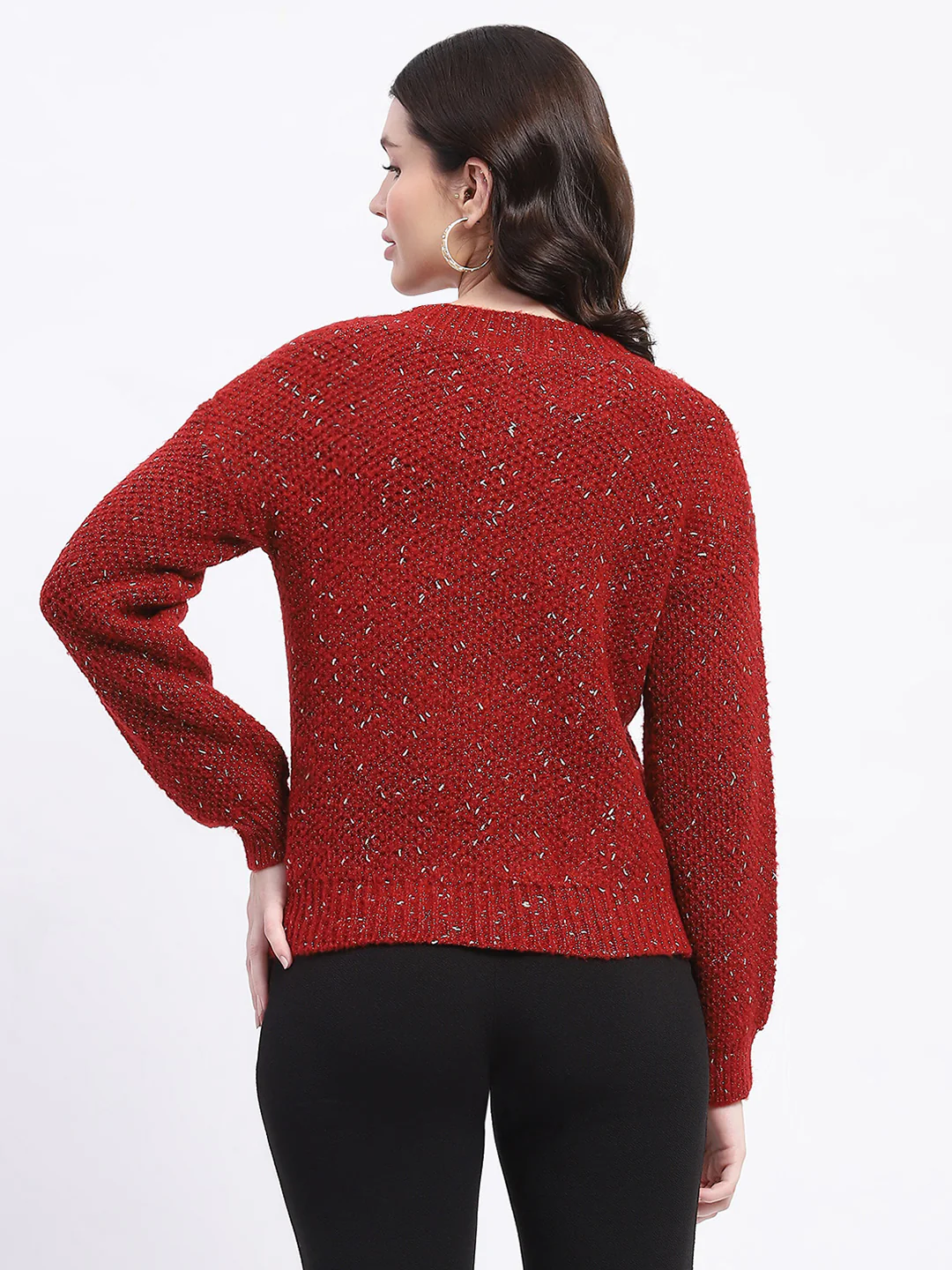 Madame Shimmery V Neck Relaxed Fit Wine Sweater - Image 5