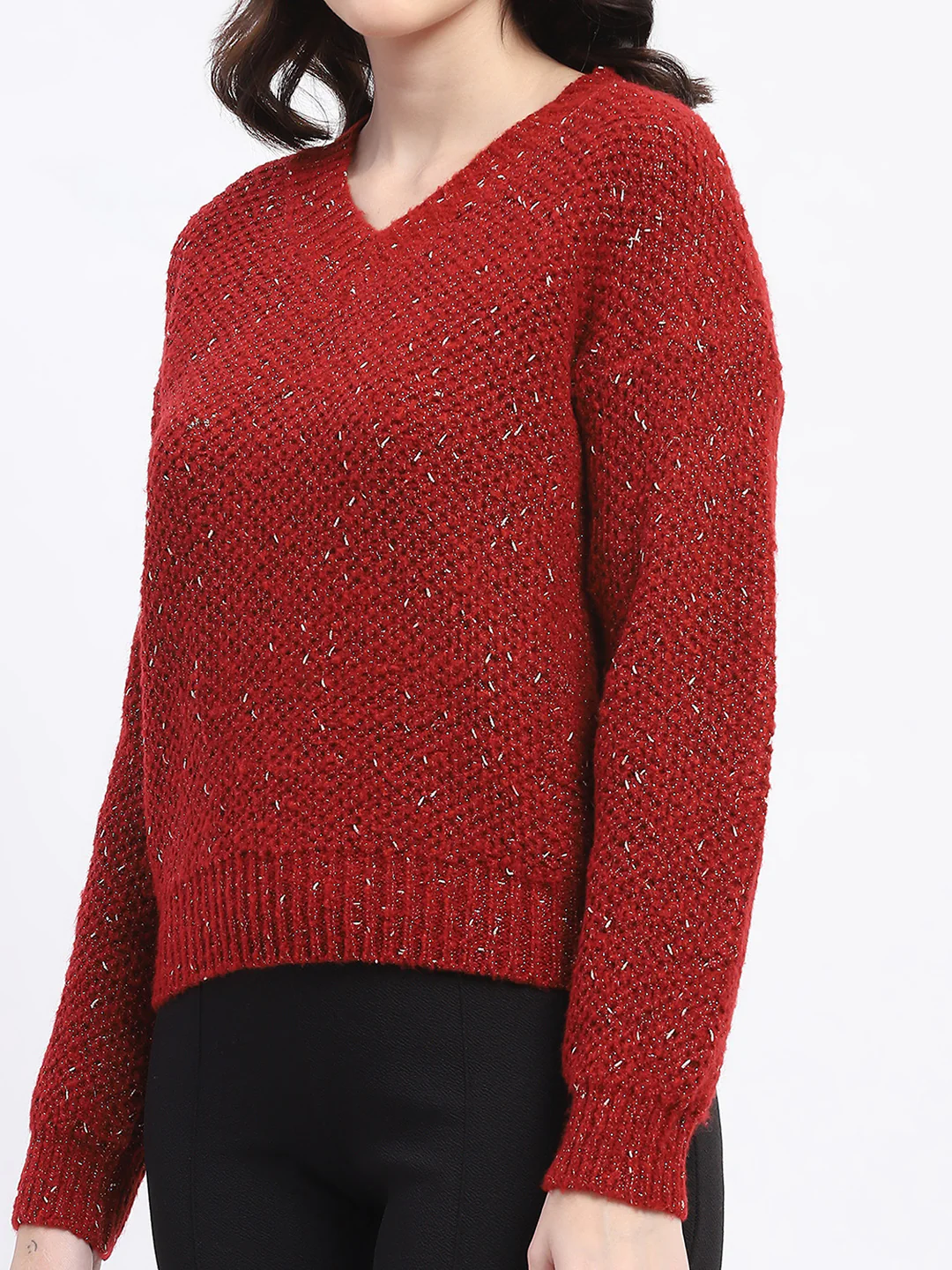Madame Shimmery V Neck Relaxed Fit Wine Sweater - Image 6
