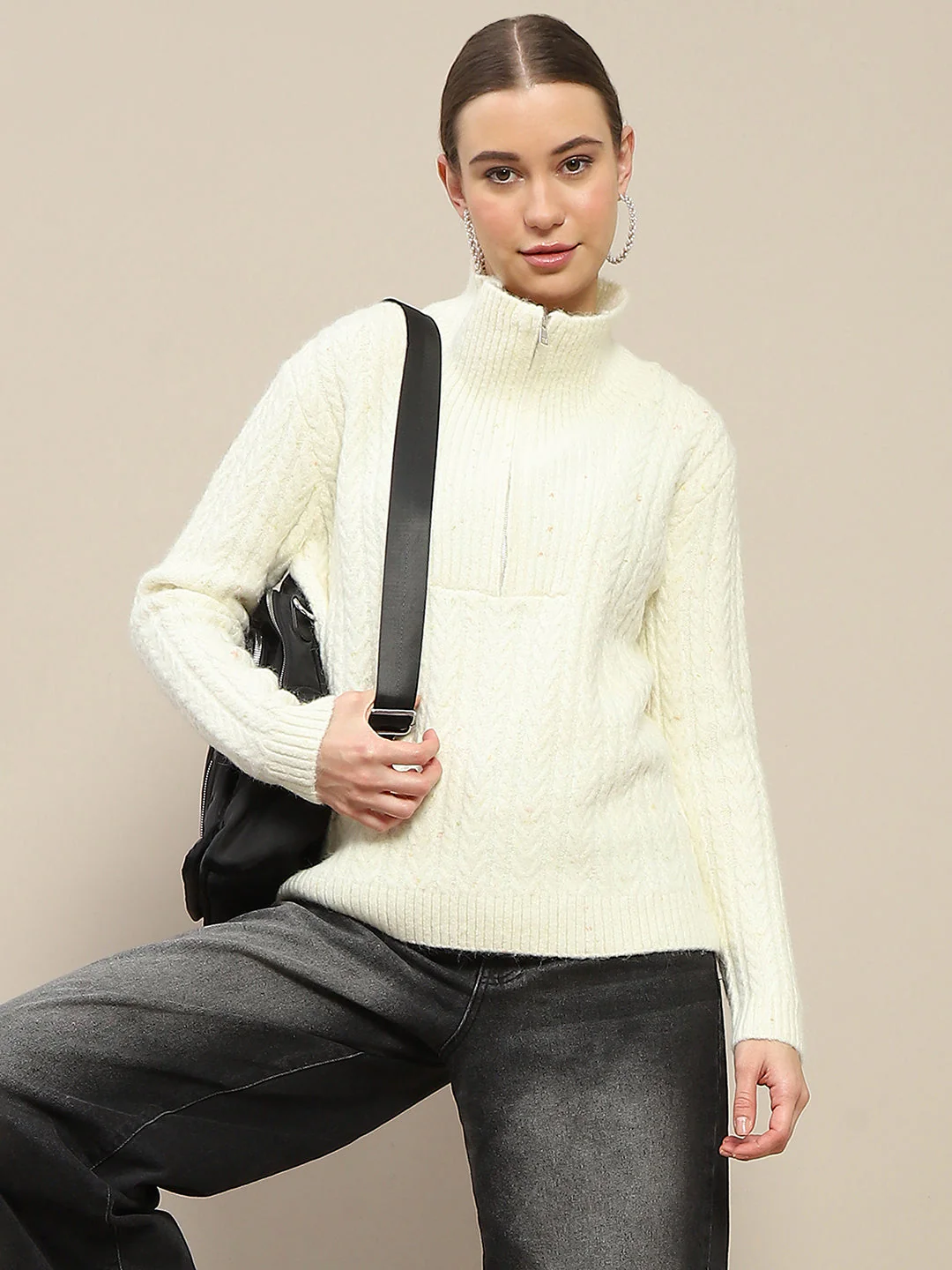 Madame Half Zipper Collared Off White Sweater - Image 2