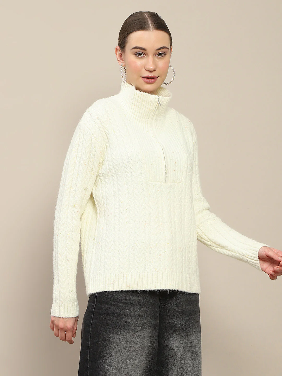 Madame Half Zipper Collared Off White Sweater - Image 4