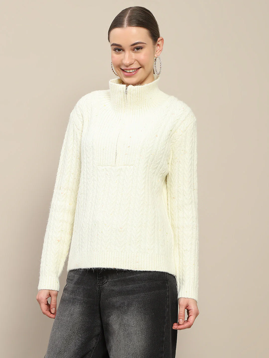 Madame Half Zipper Collared Off White Sweater - Image 5