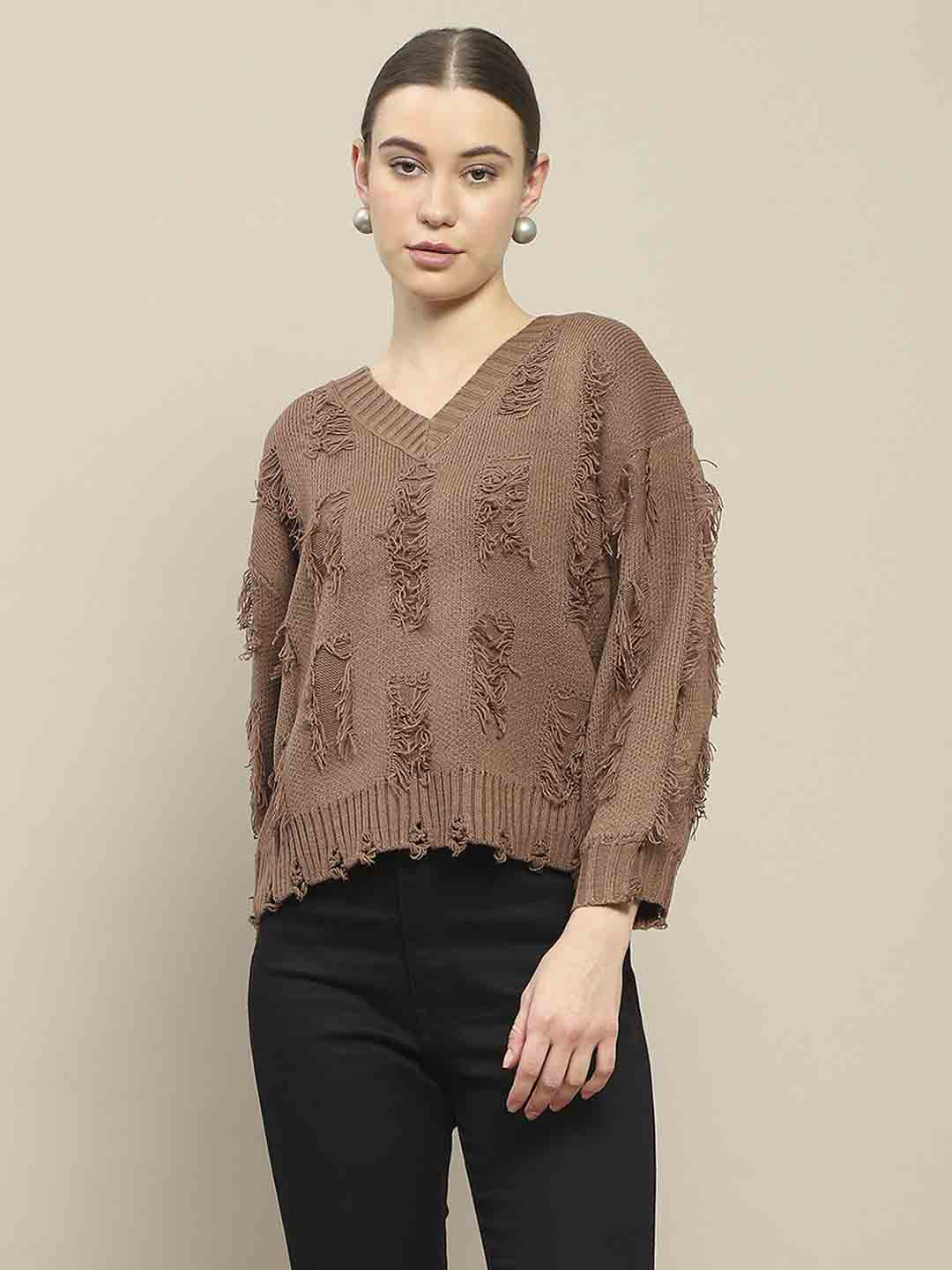 Madame Ripped Knitted V Neck Brown Sweater - Image 2