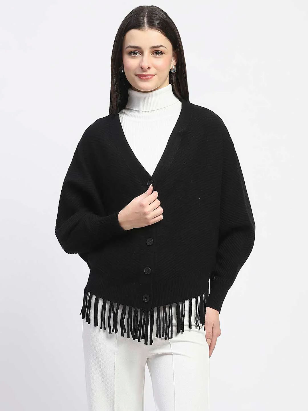 Madame Fringe Detailed Buttoned Solid Black Sweater - Image 3