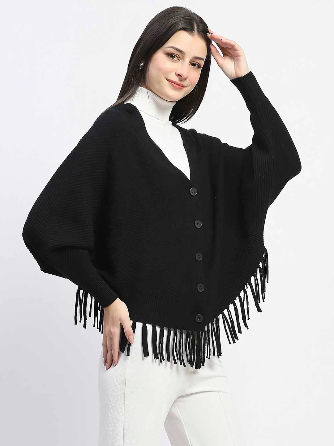 Madame Fringe Detailed Buttoned Solid Black Sweater - Image 4