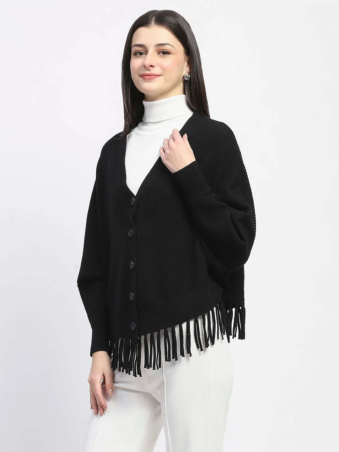 Madame Fringe Detailed Buttoned Solid Black Sweater - Image 5