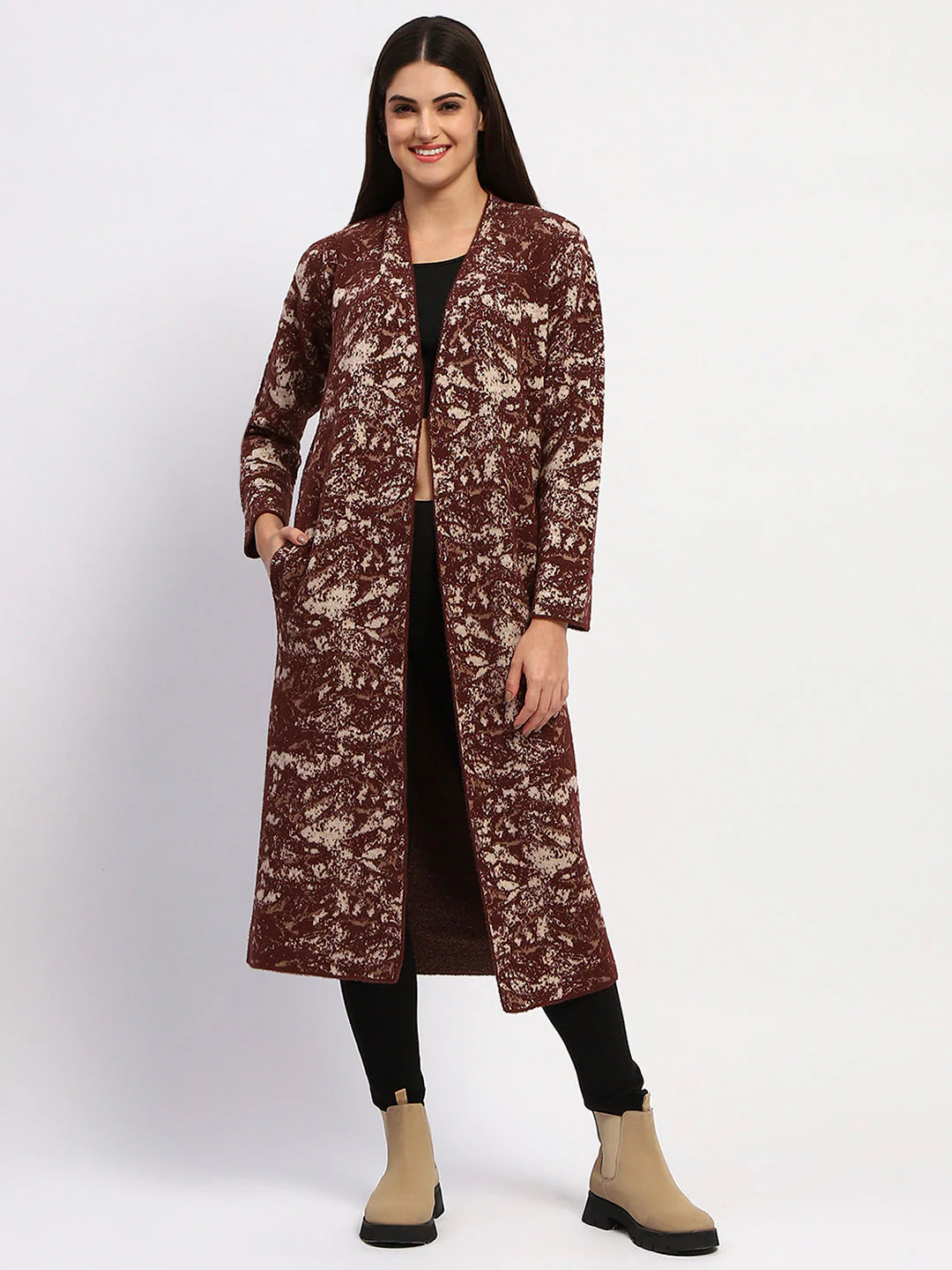 Madame Abstract Print Open Front Chocolate Brown Long Shrug - Image 2