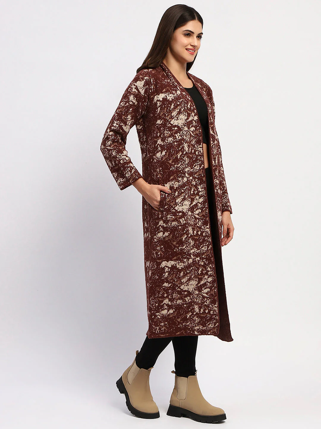 Madame Abstract Print Open Front Chocolate Brown Long Shrug - Image 3