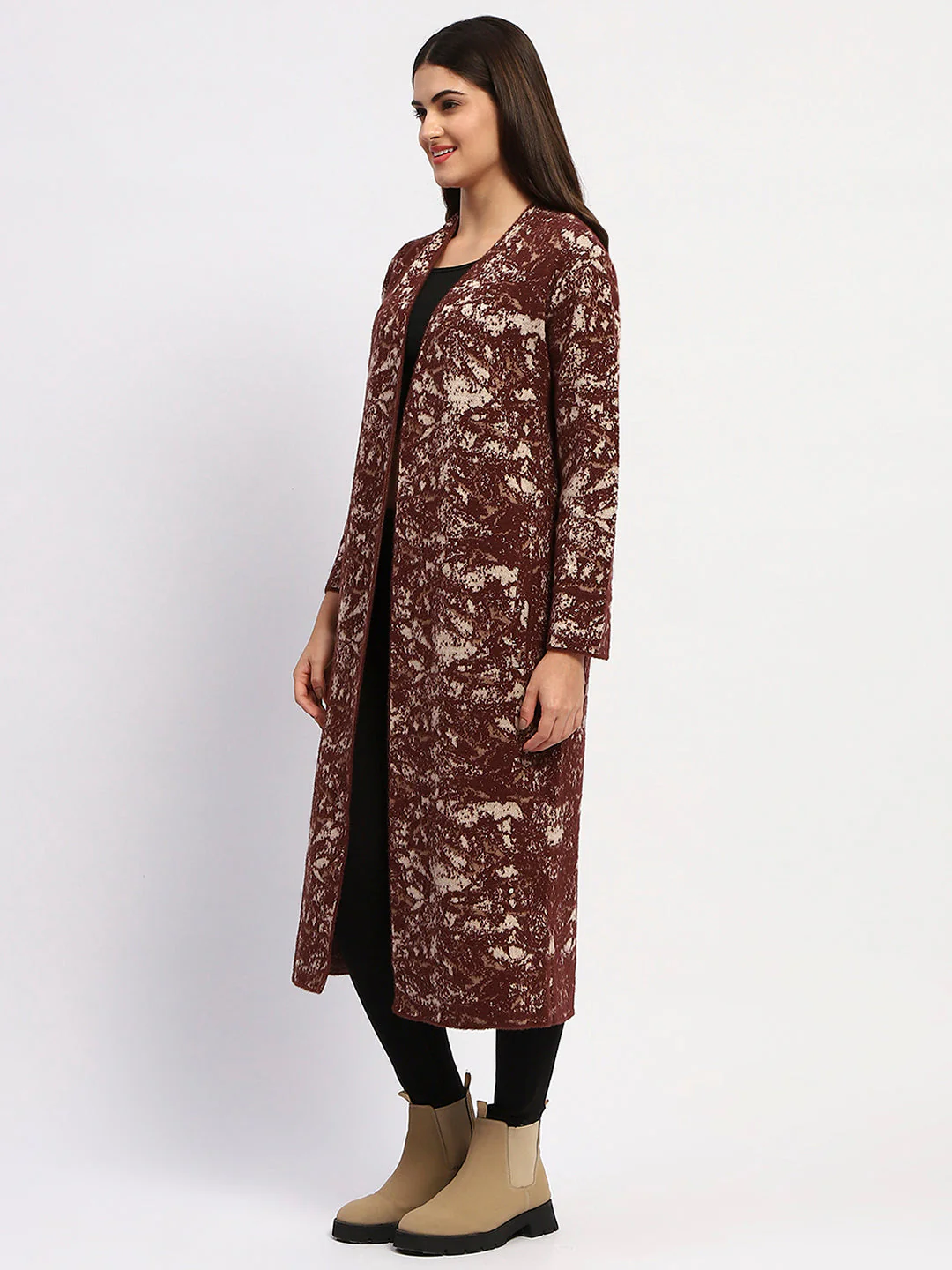 Madame Abstract Print Open Front Chocolate Brown Long Shrug - Image 4
