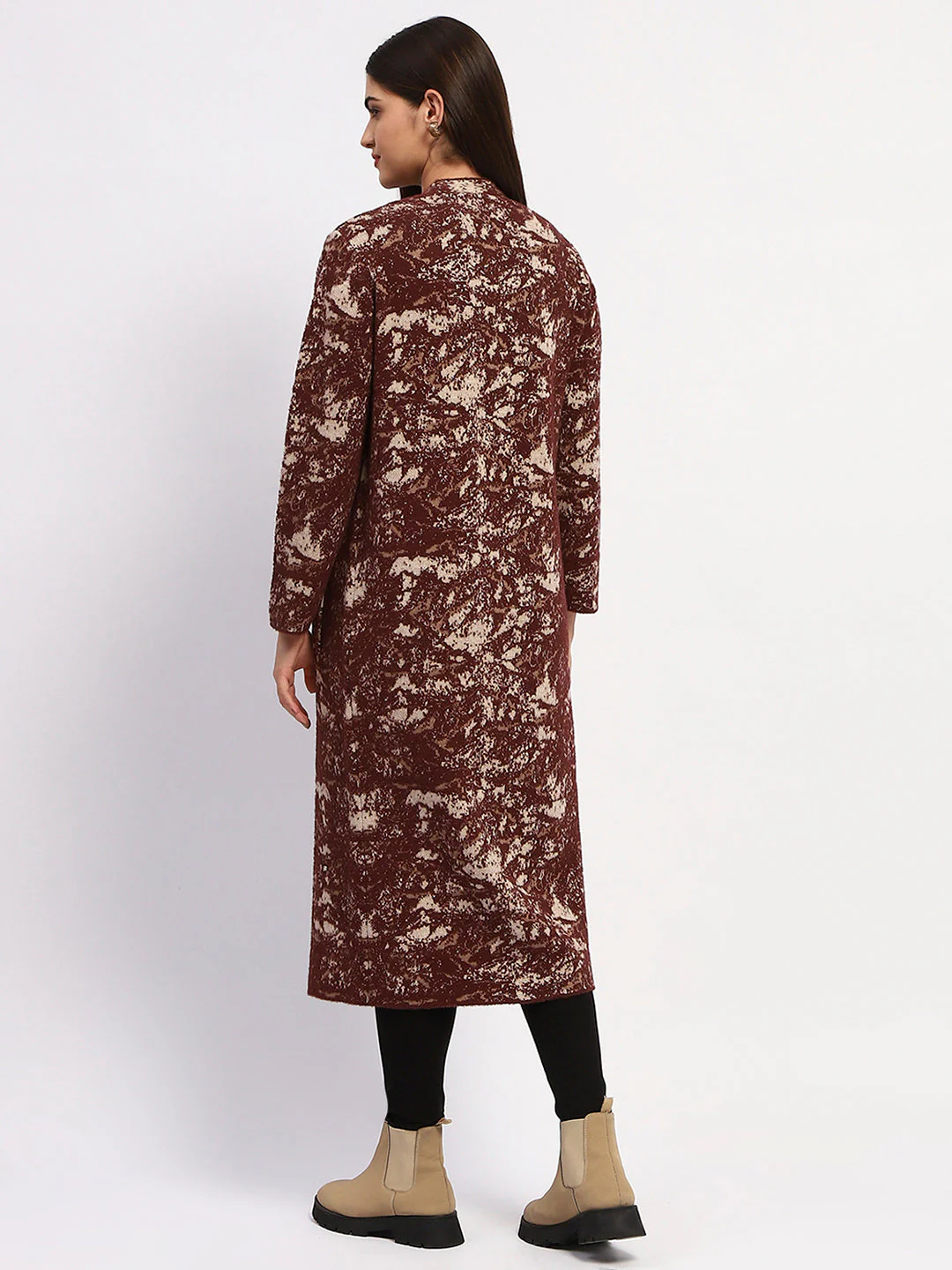 Madame Abstract Print Open Front Chocolate Brown Long Shrug - Image 5
