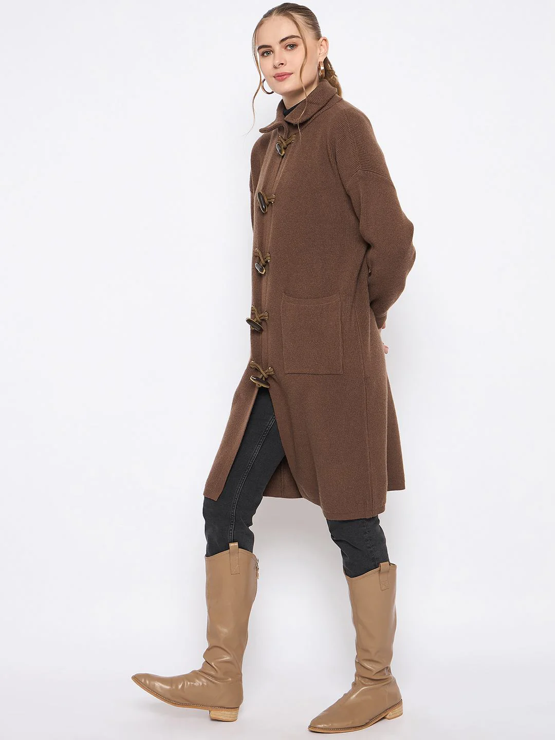 Madame Mock Neck Duffle Solid Brown Shrug - Image 5