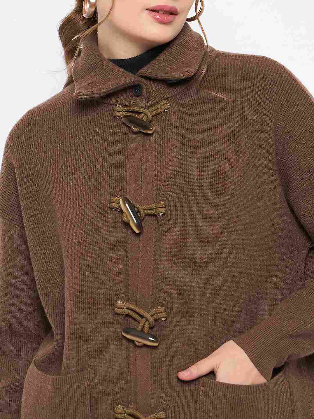 Madame Mock Neck Duffle Solid Brown Shrug - Image 7