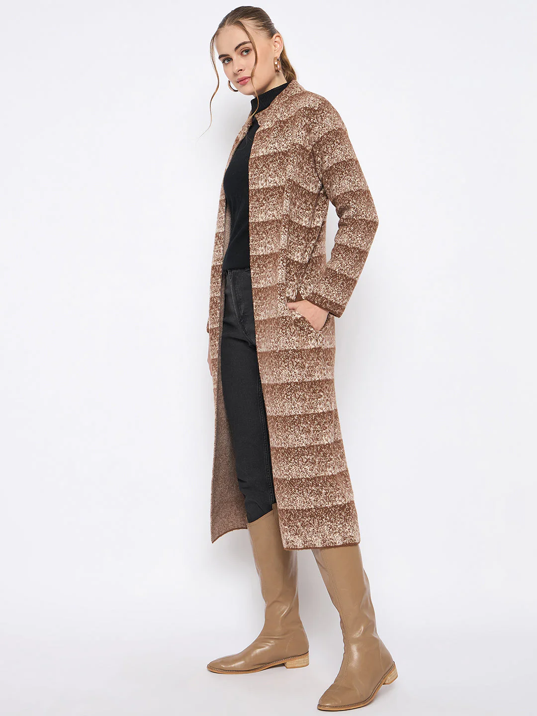 Madame Open Front Striped Multicolor Long Coat - Image 2