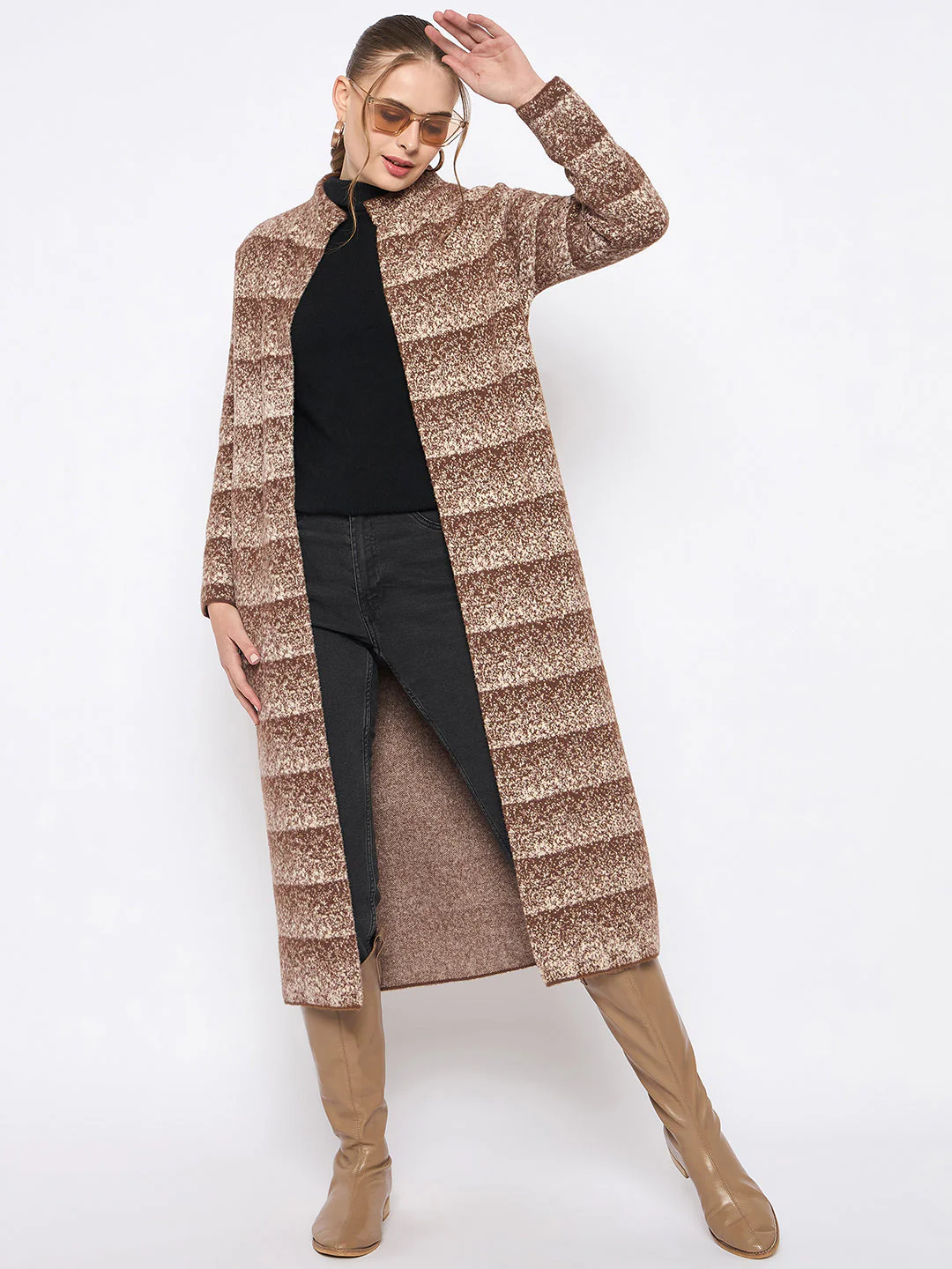 Madame Open Front Striped Multicolor Long Coat - Image 5